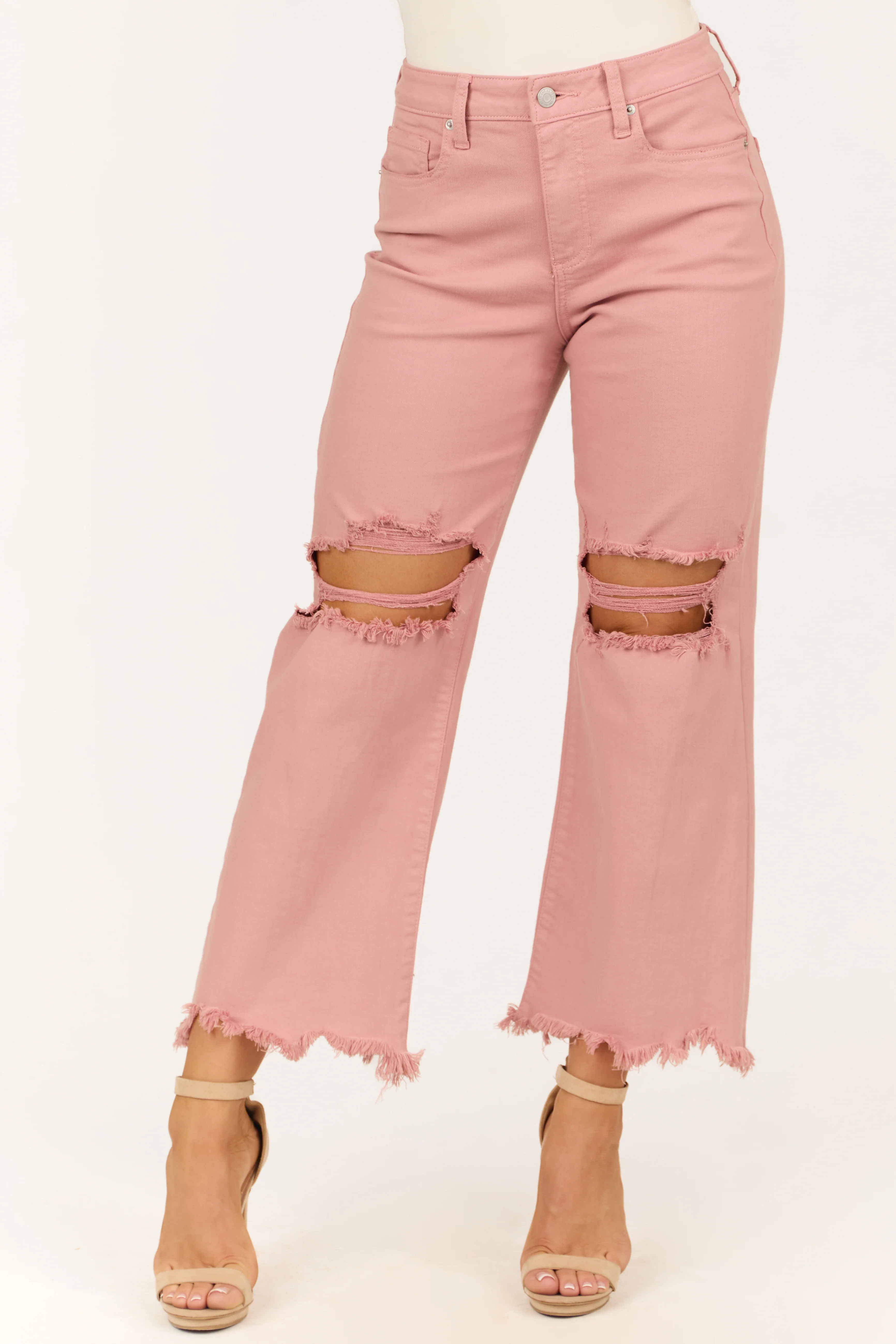 Sneak Peek Pale Coral Cropped Wide Leg Jeans - LD SALE