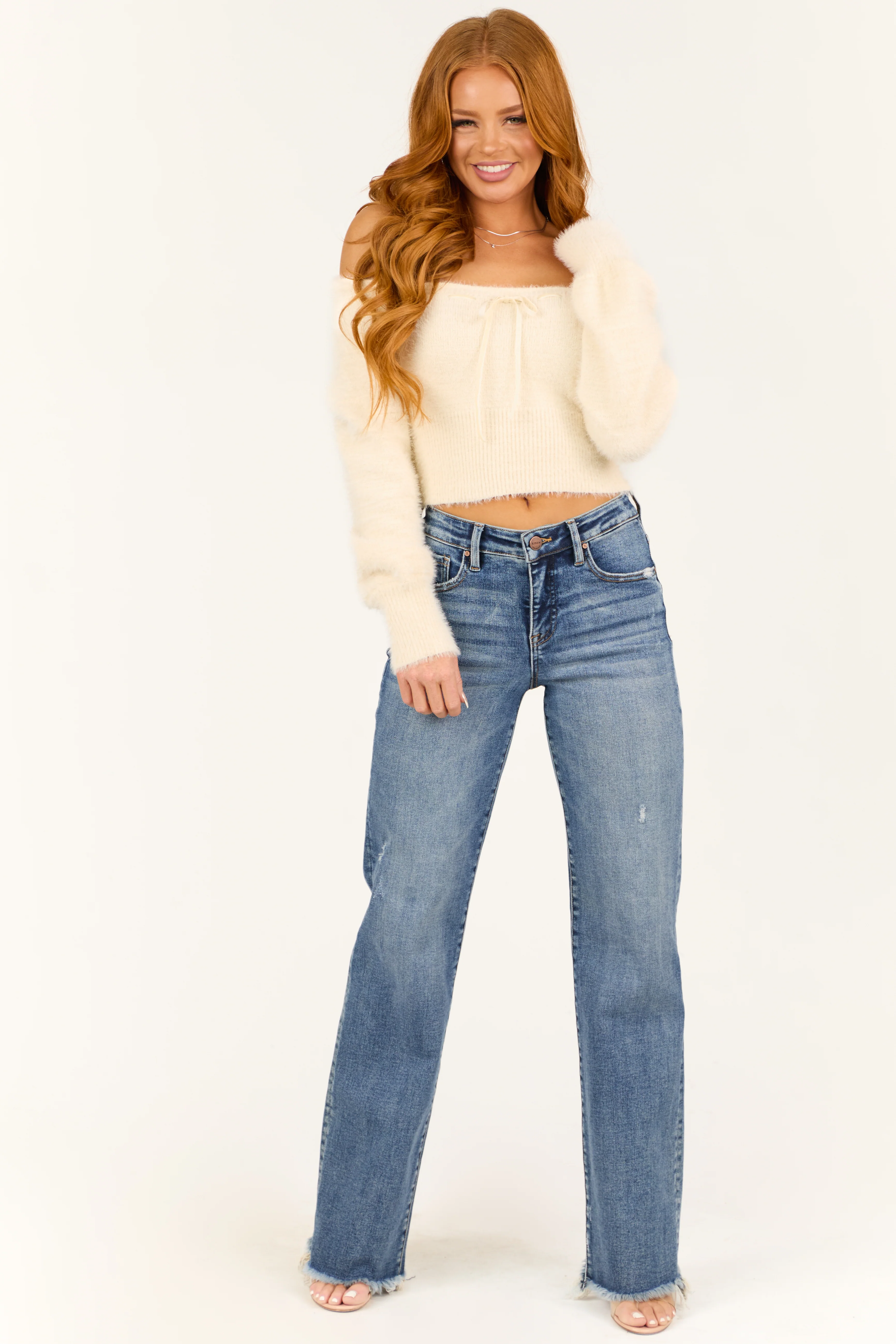 Ivory Square Neck Fuzzy Long Sleeve Sweater - LD SALE