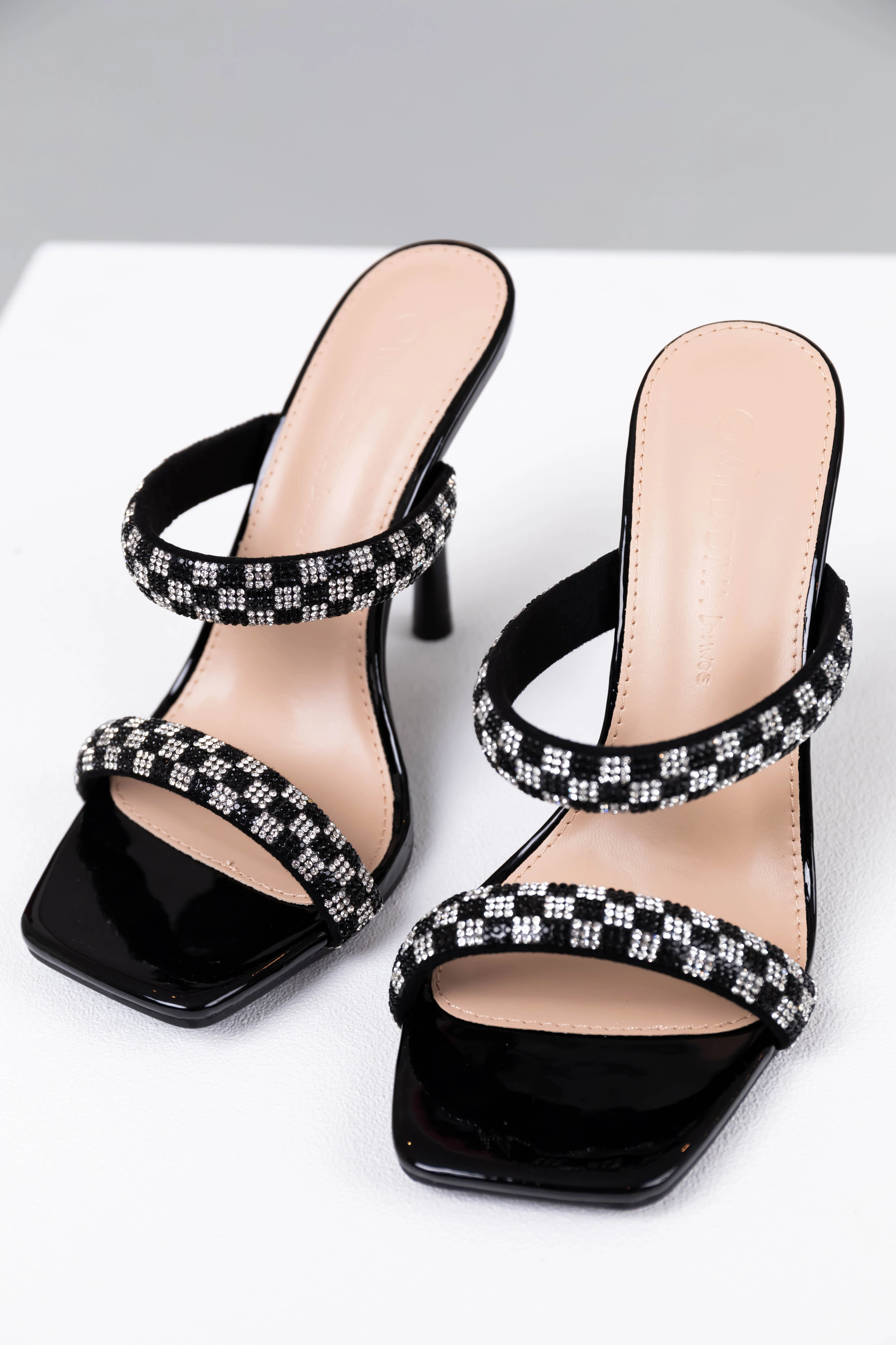Black and Silver Checkered Rhinestone High Heels - LD SALE