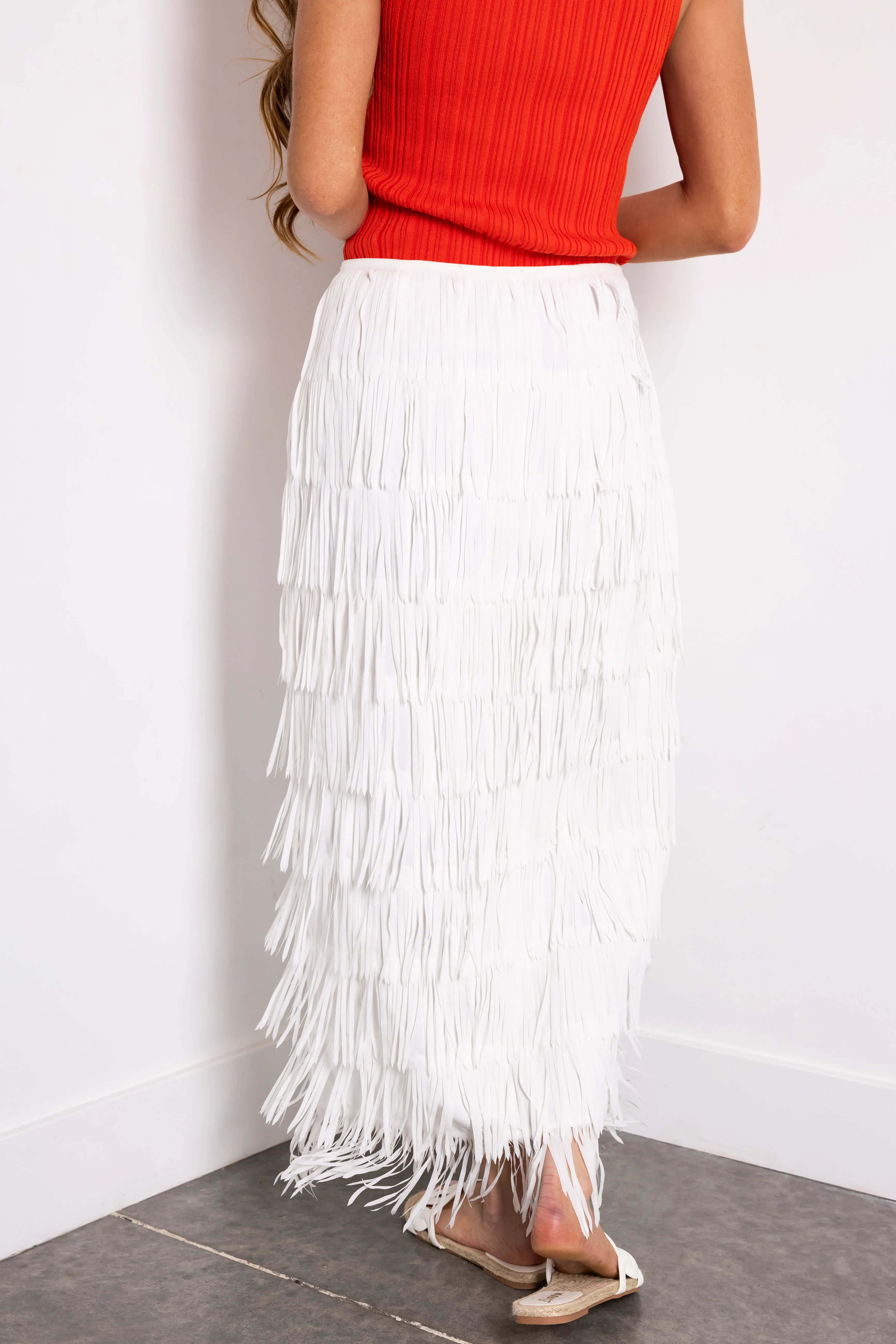 Off White Side Slit Fringe Midi Skirt - LD SALE