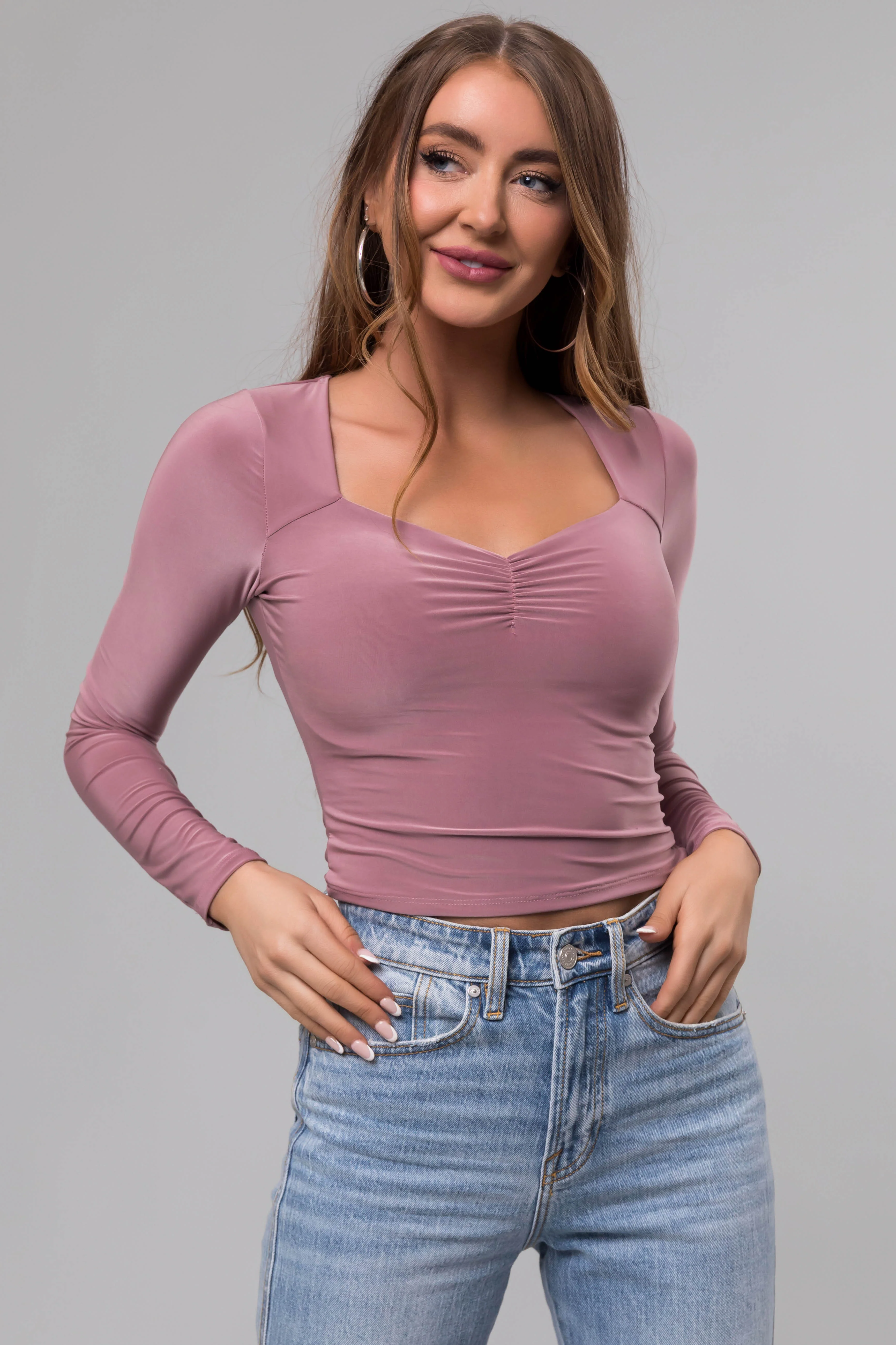 Mauve Sweetheart Neck Long Sleeve Crop Top - LD SALE