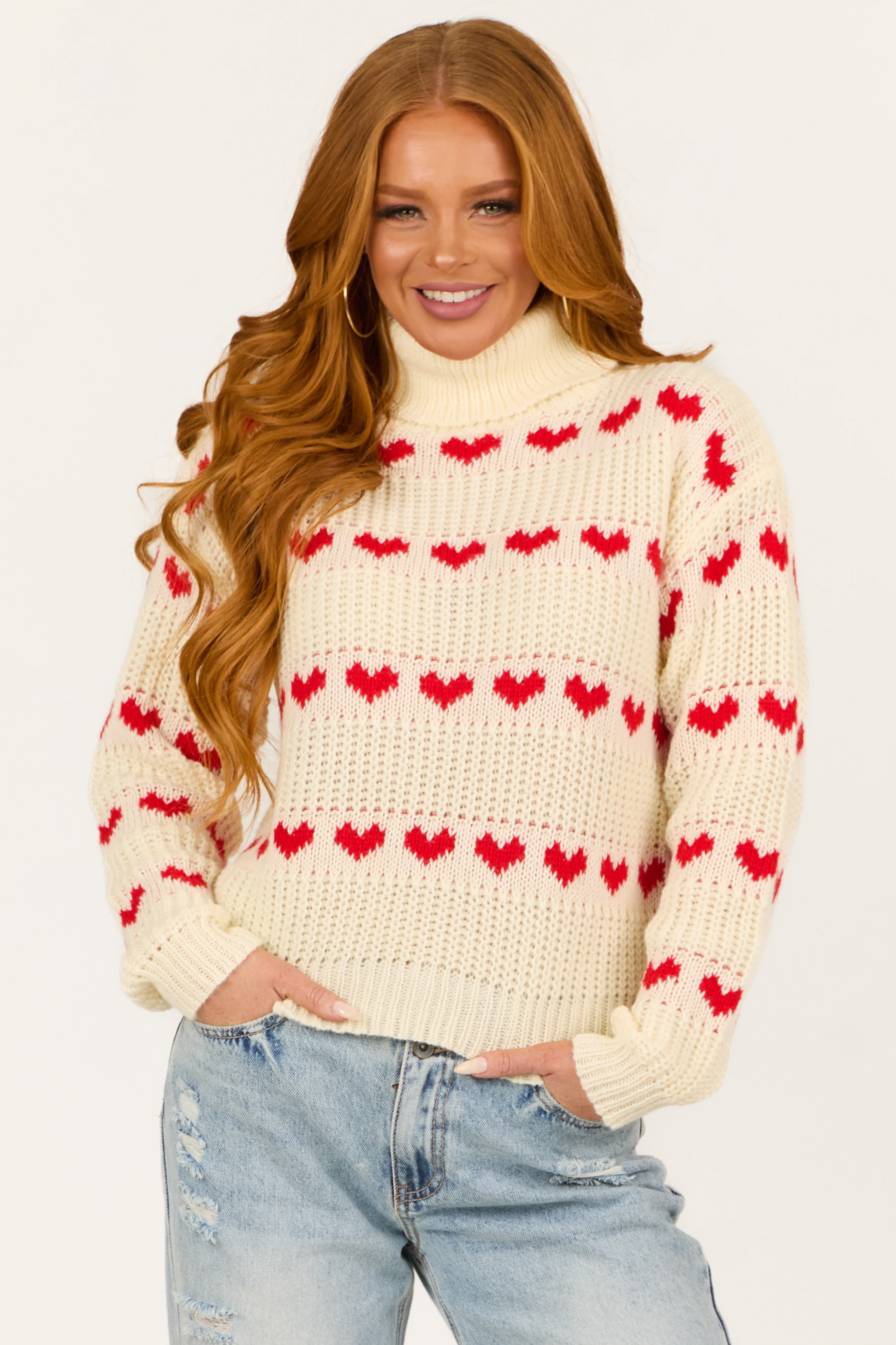 Cream Heart Print Turtleneck Long Sleeve Sweater - LD SALE