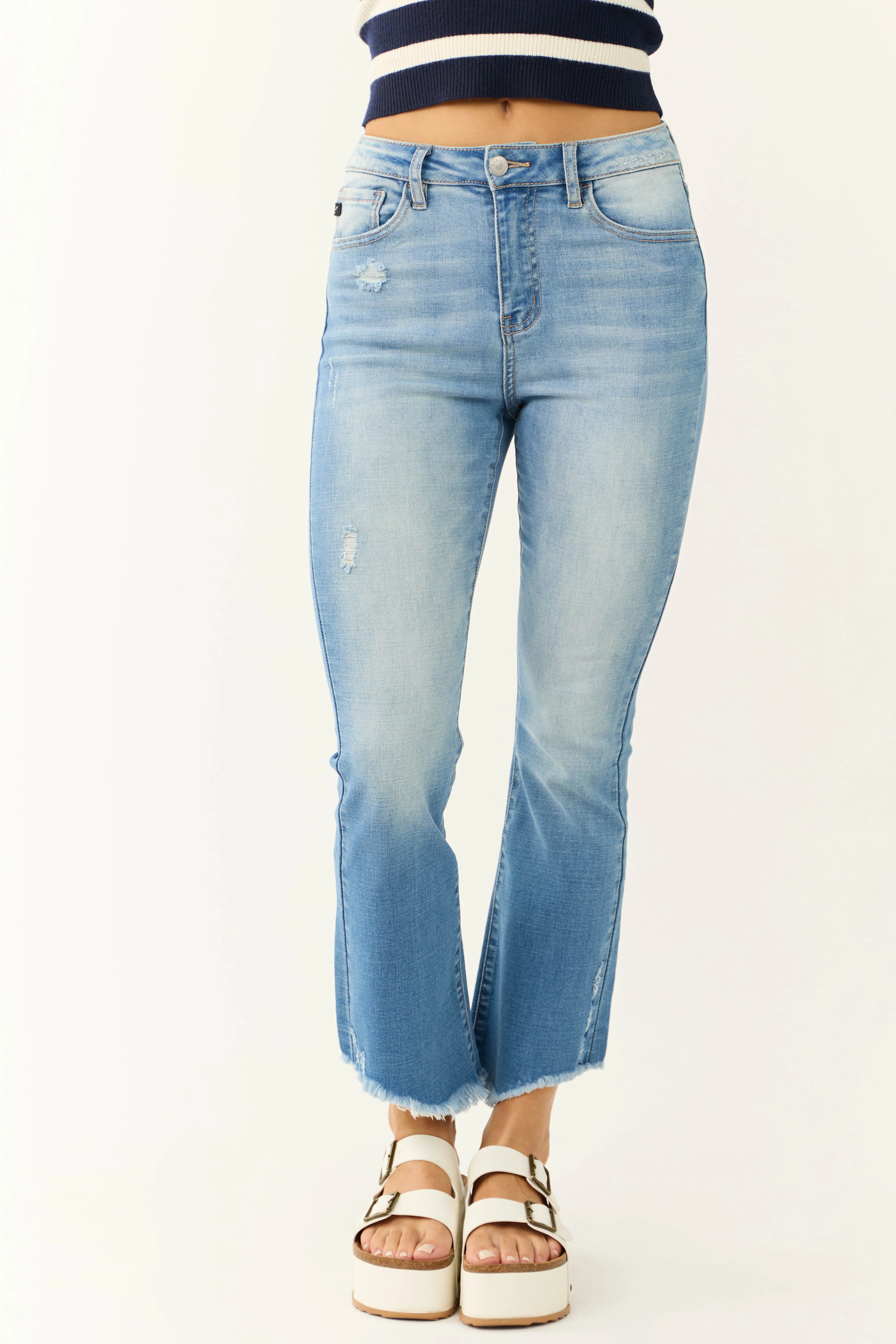 KanCan Medium Light Wash Raw Hem Cropped Flare Jeans - LD SALE