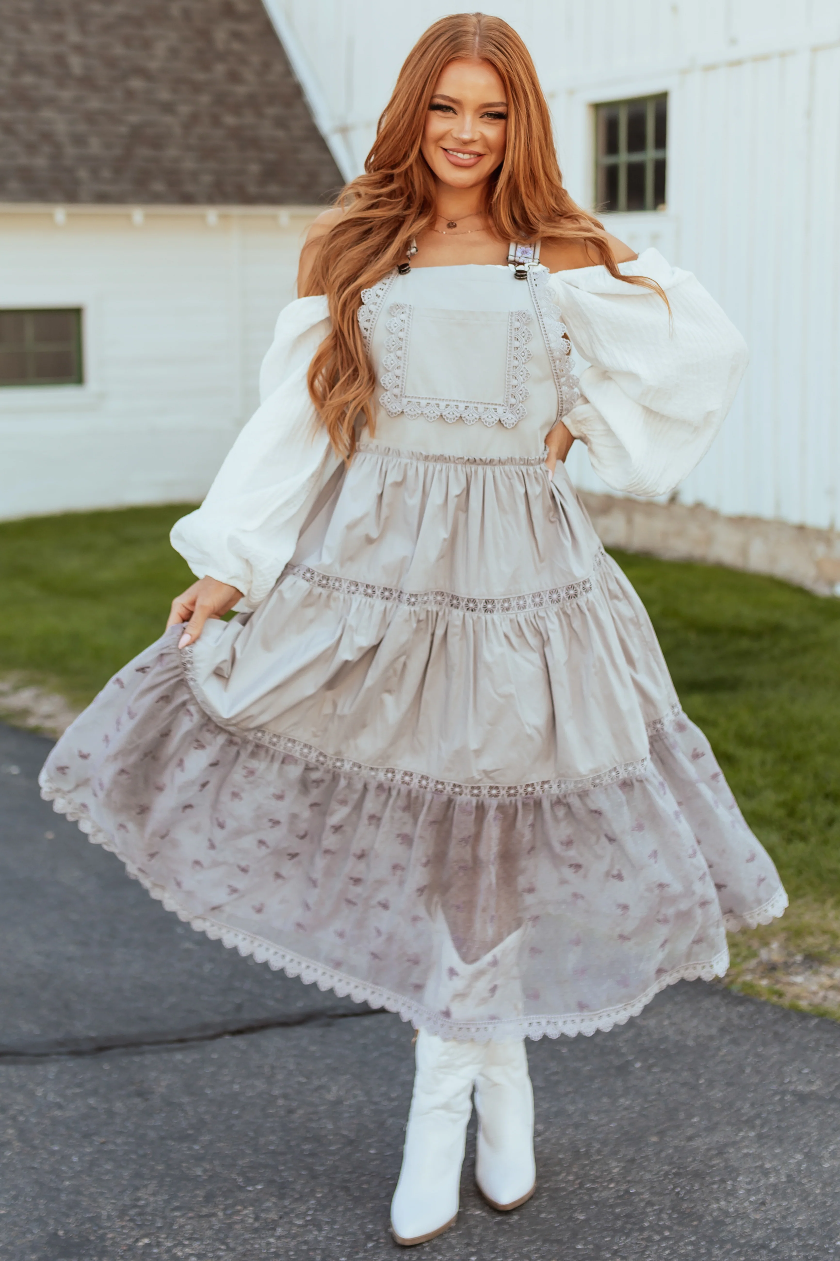 Heather Grey Lace Tiered Overalls Maxi Dress - LD SALE