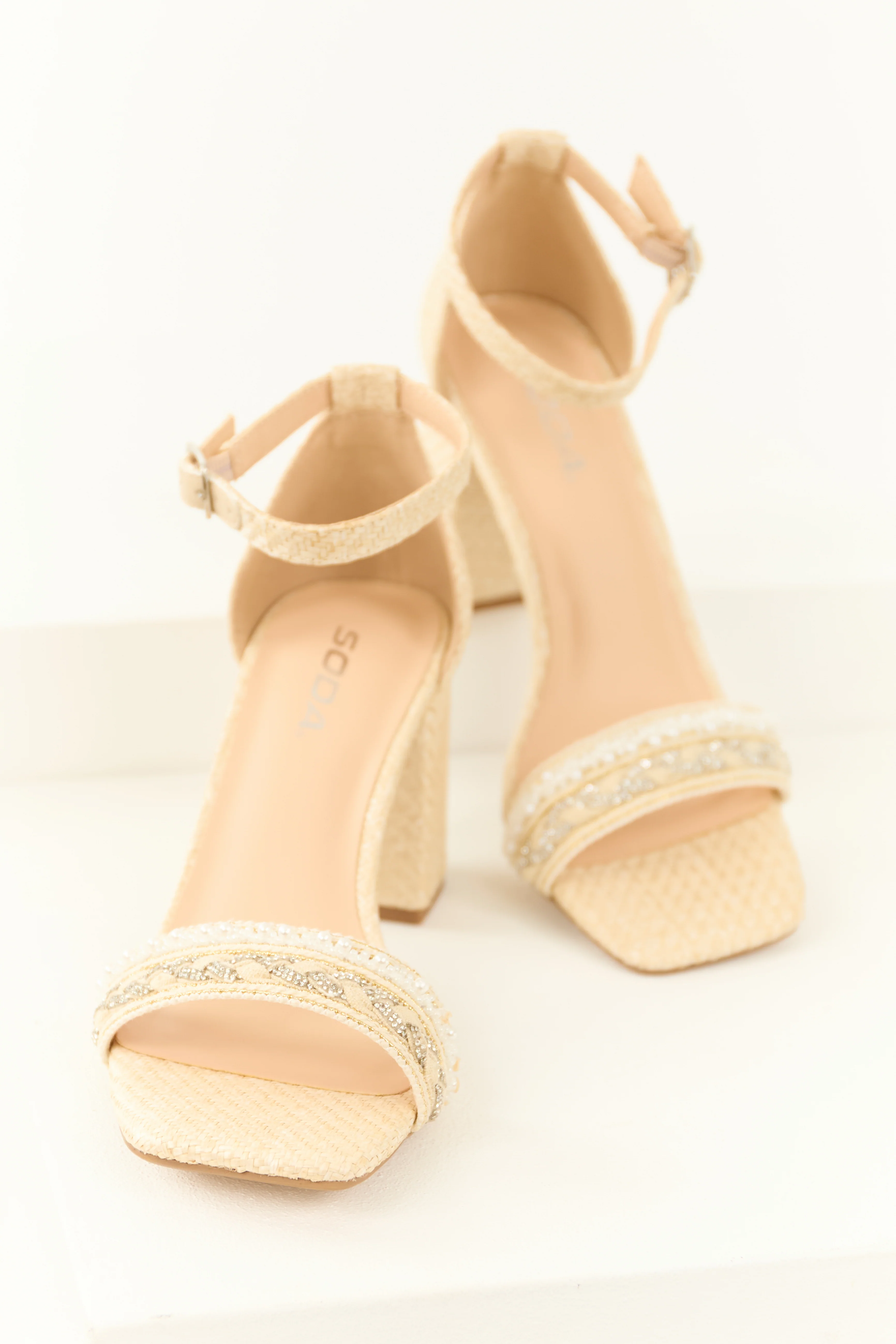 Sand Woven Open Square Toed Rhinestone Heels - LD SALE