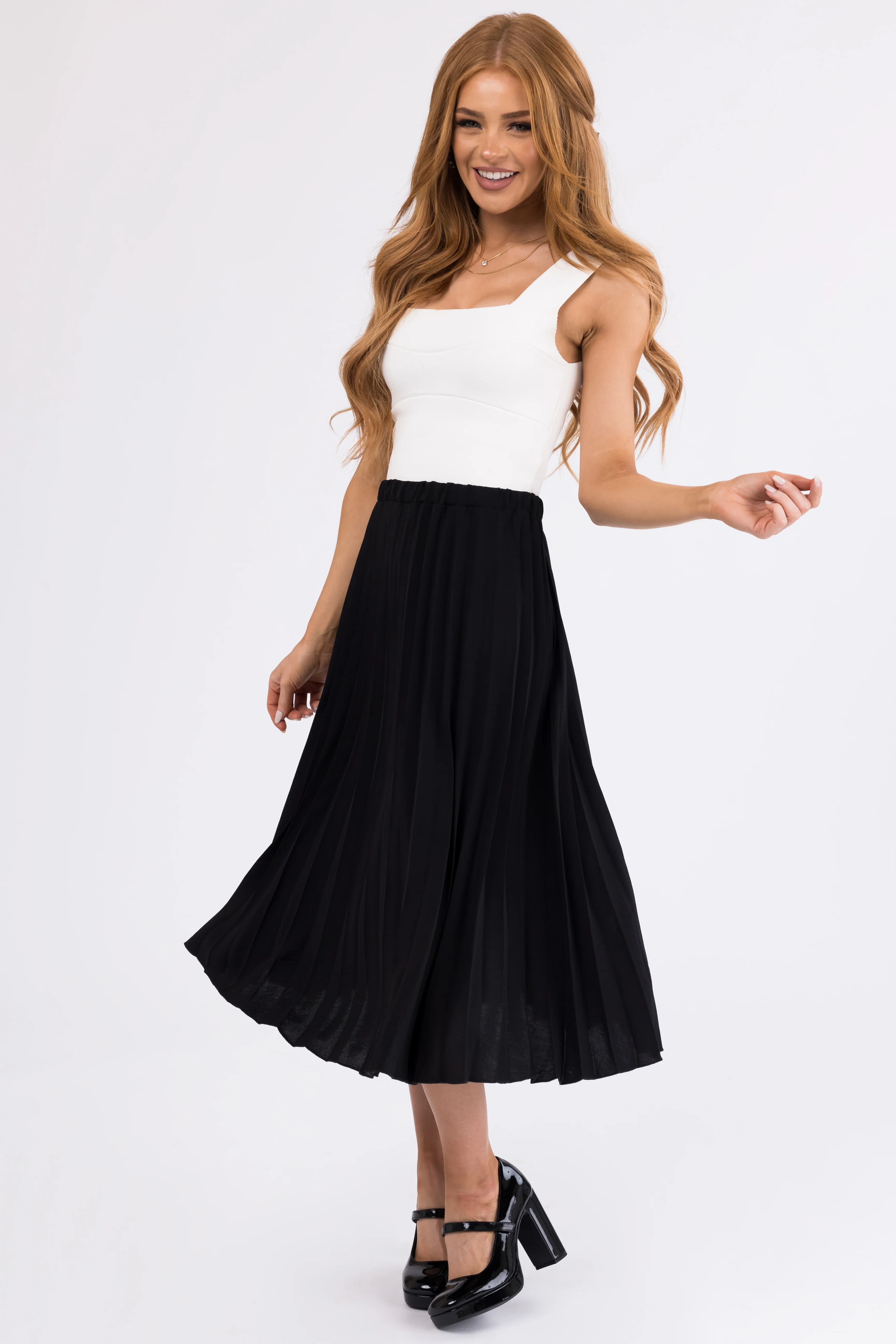Black Pleated Elastic Waist Midi Skirt - LD SALE