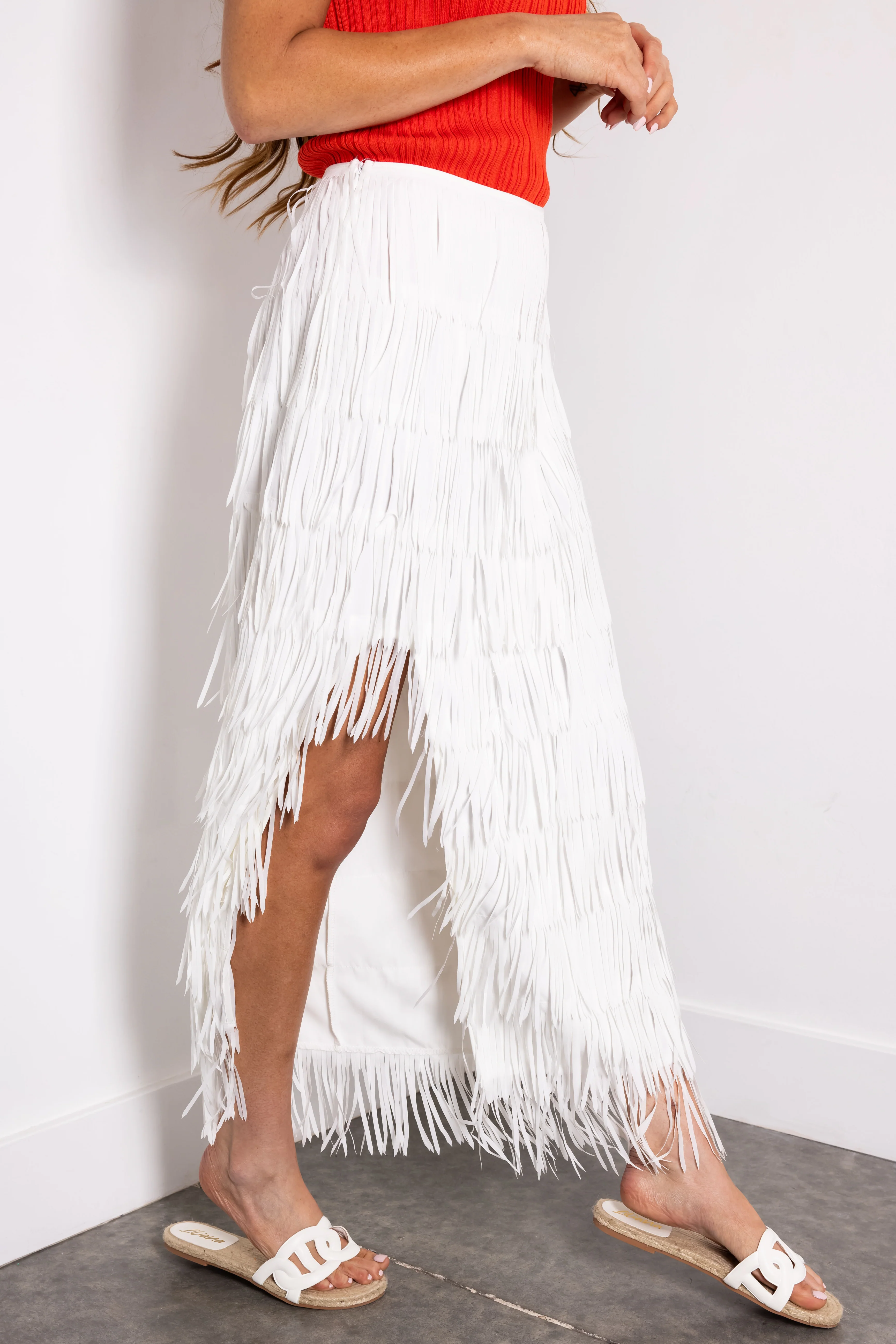 Off White Side Slit Fringe Midi Skirt - LD SALE