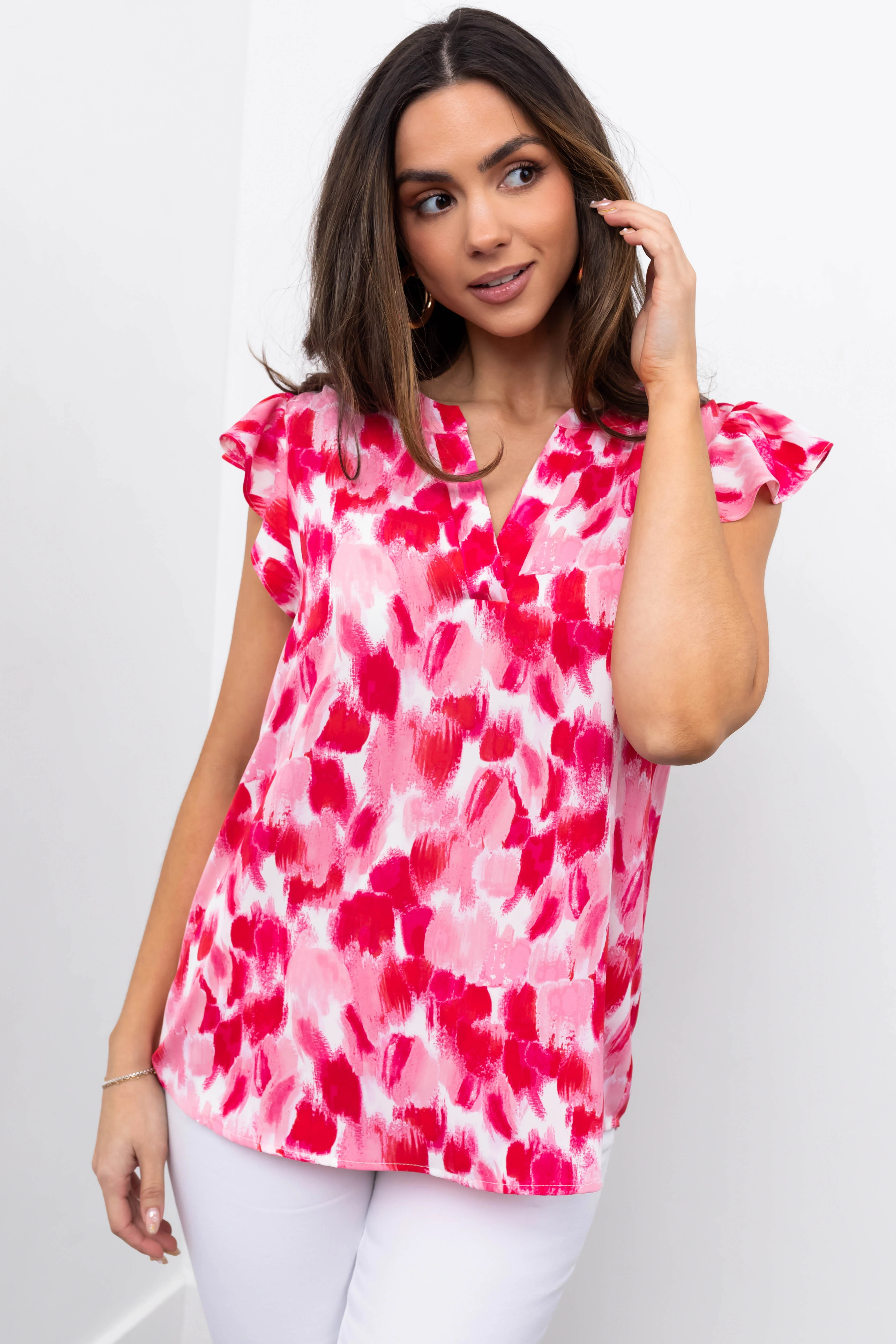 Hot Pink Brush Stroke Notch Neck Ruffle Sleeve Top - LD SALE