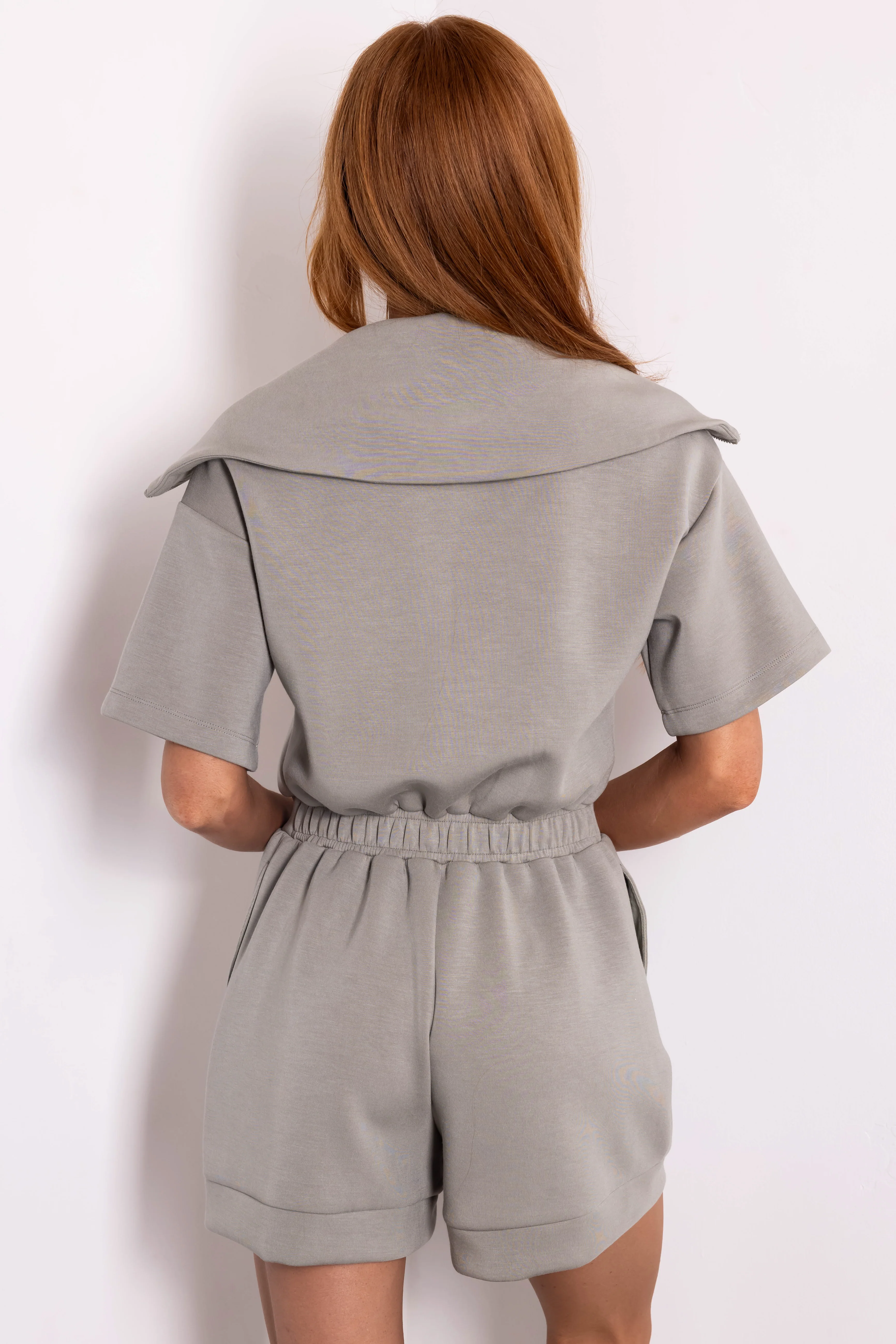 Dusty Sage Short Sleeve Zip Up Romper - LD SALE