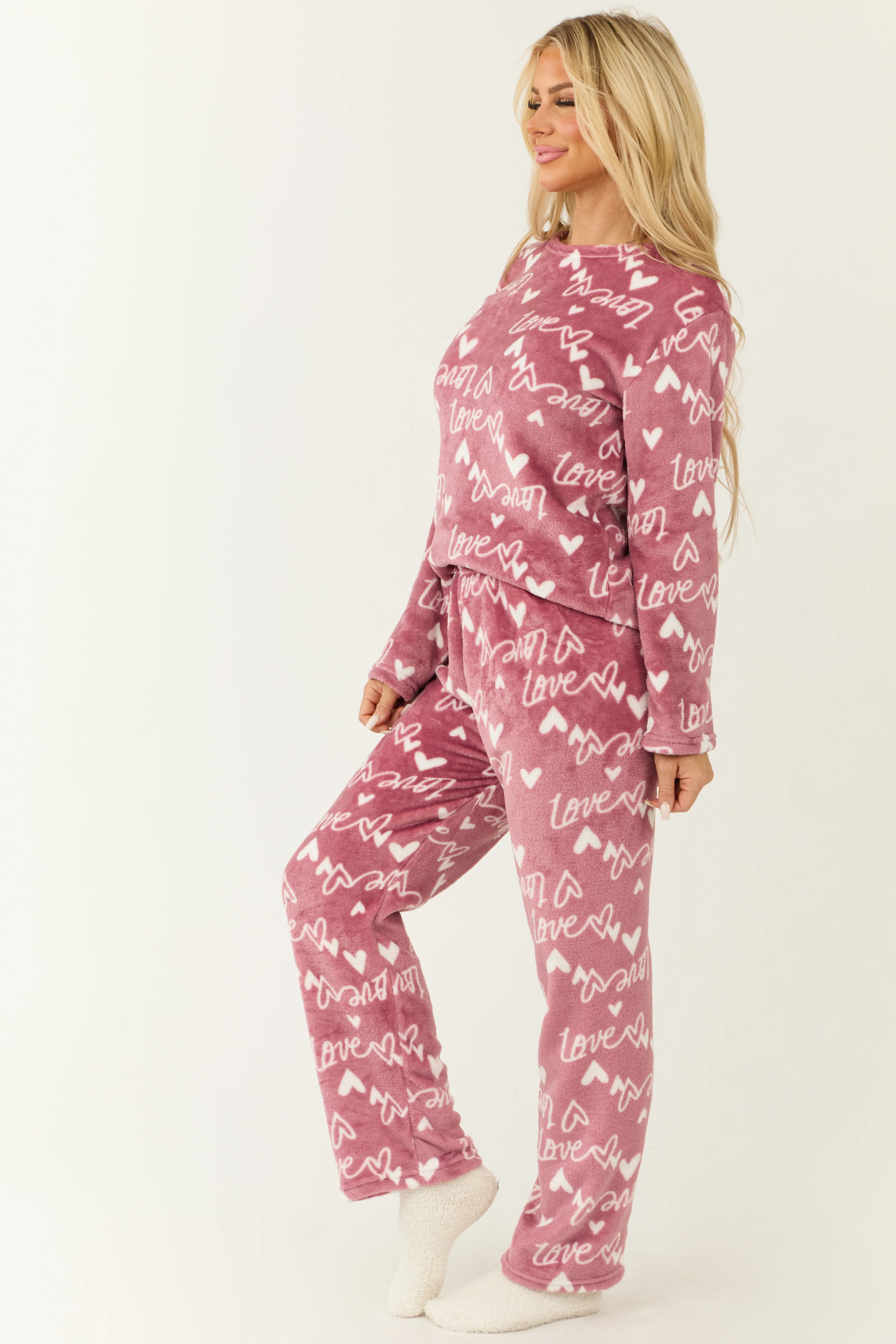 Dusty Blush Heart Love Print 2 Piece Soft Pajama Set - LD SALE