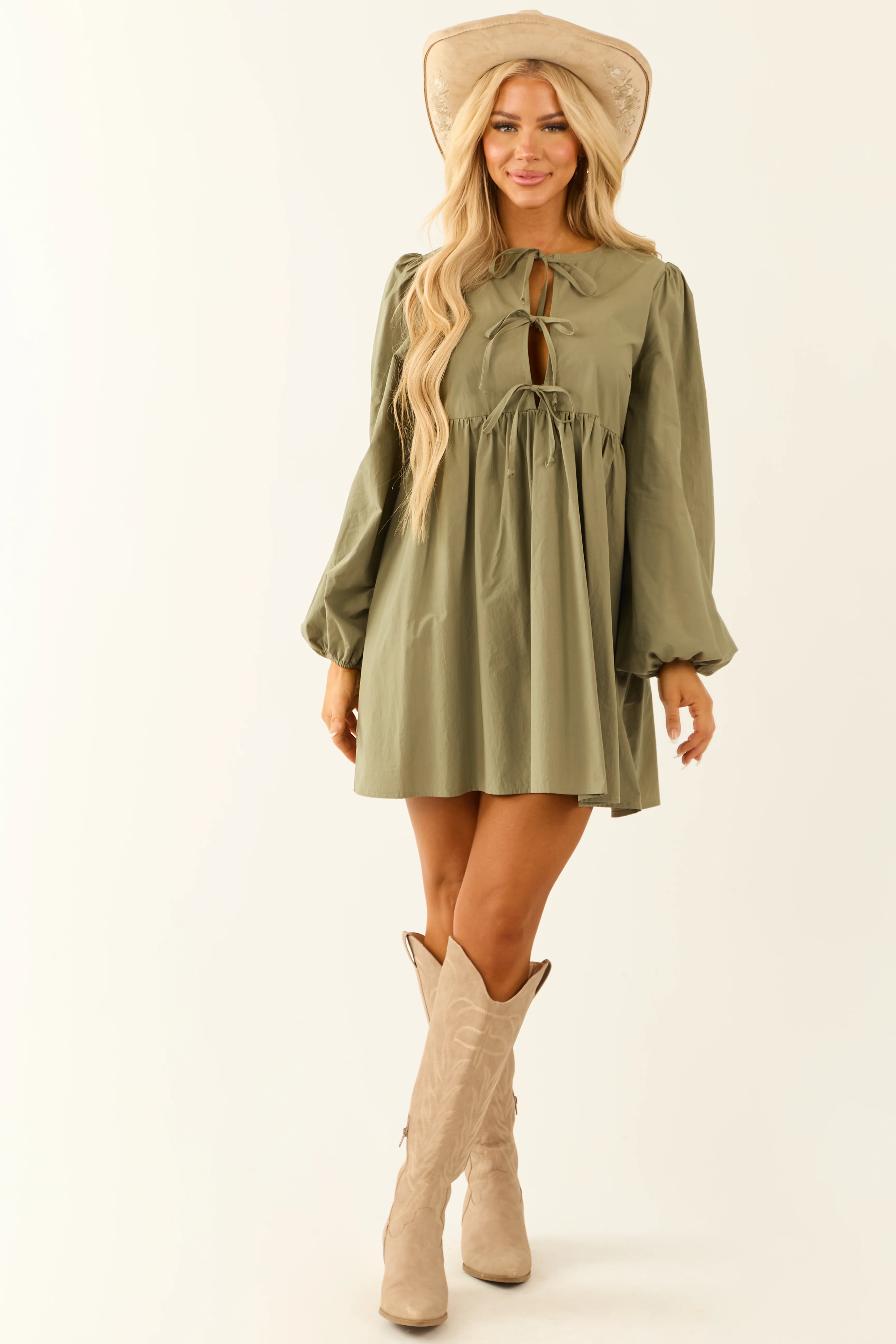 Dusty Sage Poplin Long Sleeve Short Dress - LD SALE