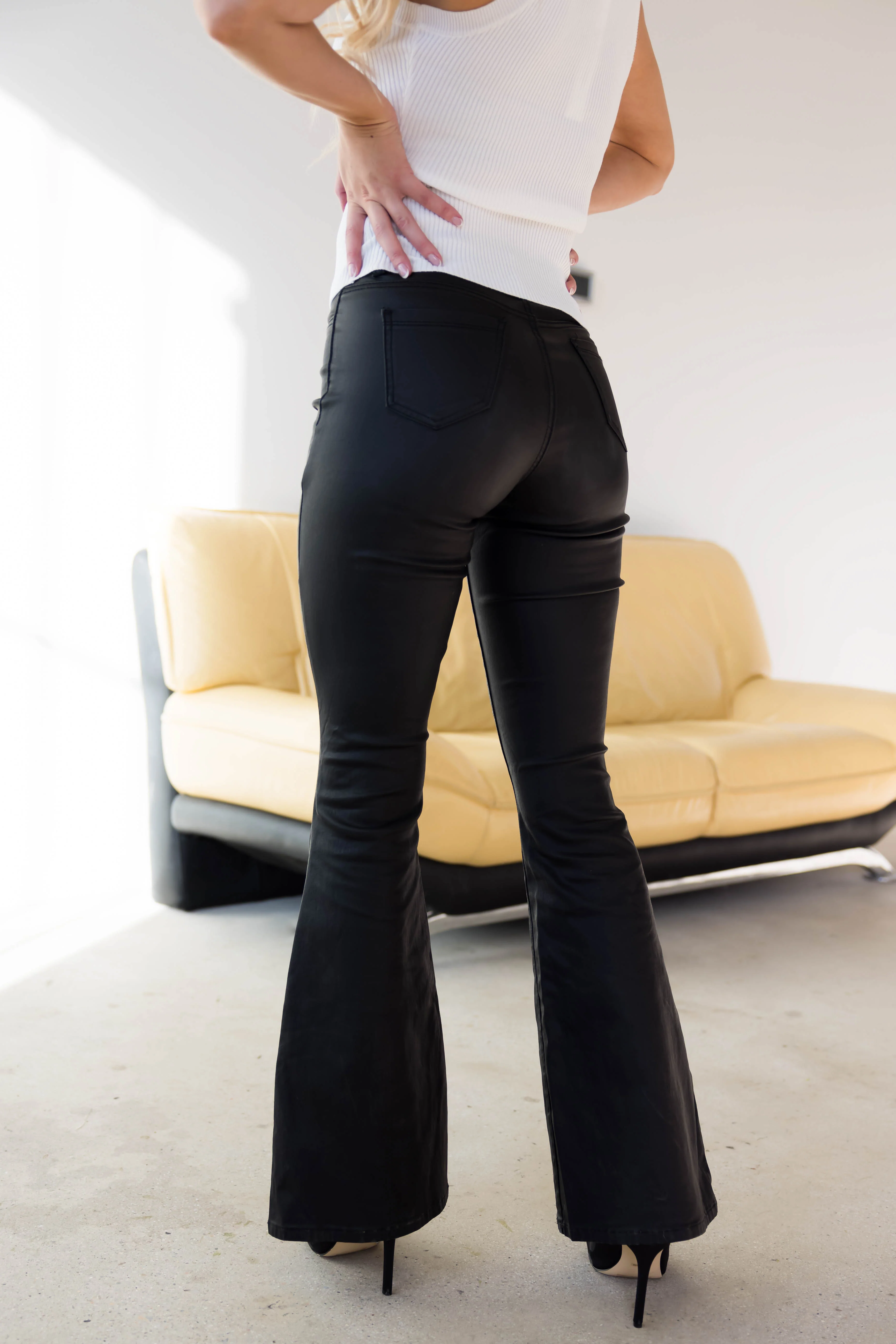 JC & JQ Black Faux Leather Bell Bottom Jeans - LD SALE