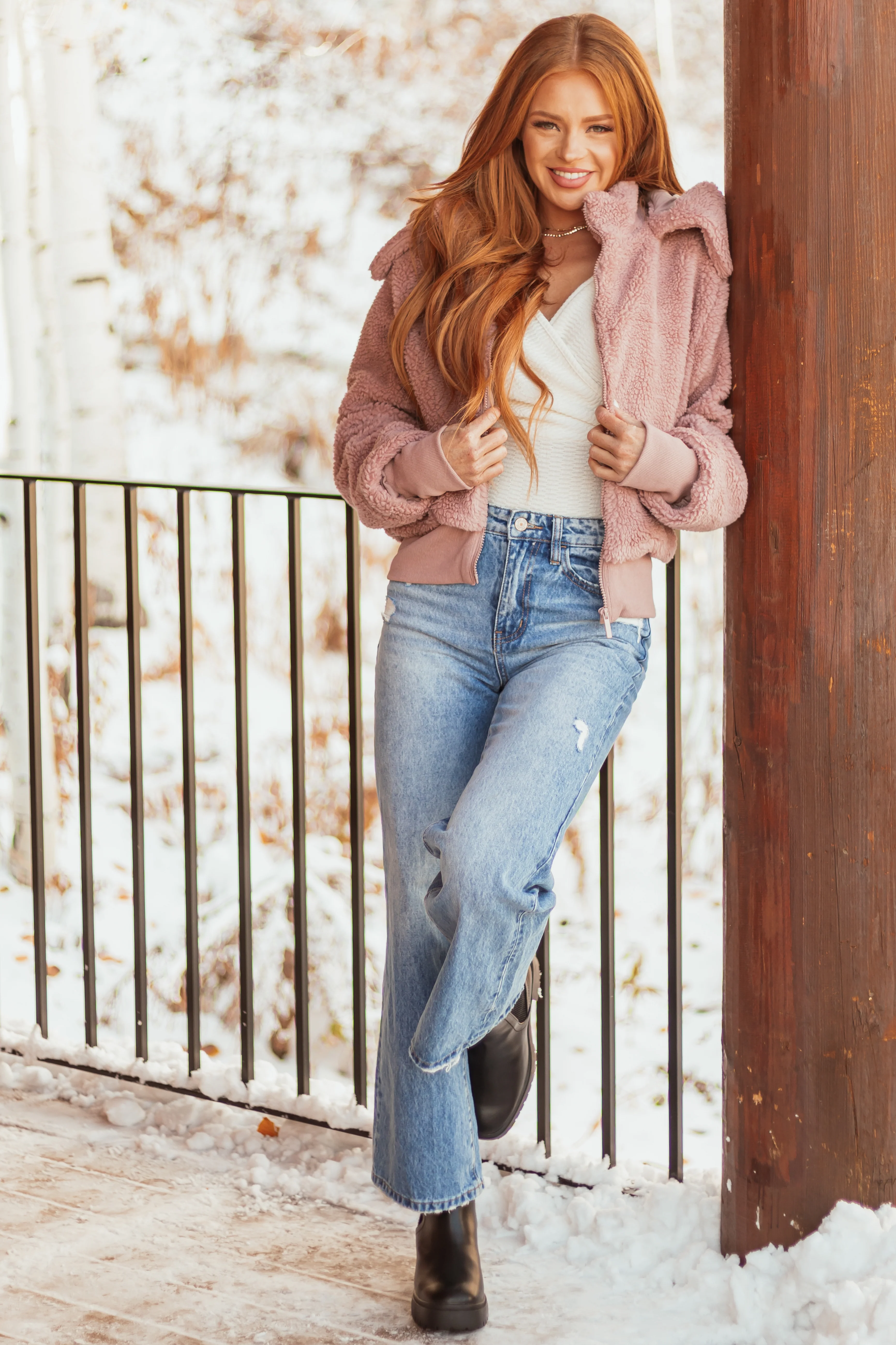 Dusty Blush Teddy Bomber Jacket with Removable Hood - LD SALE