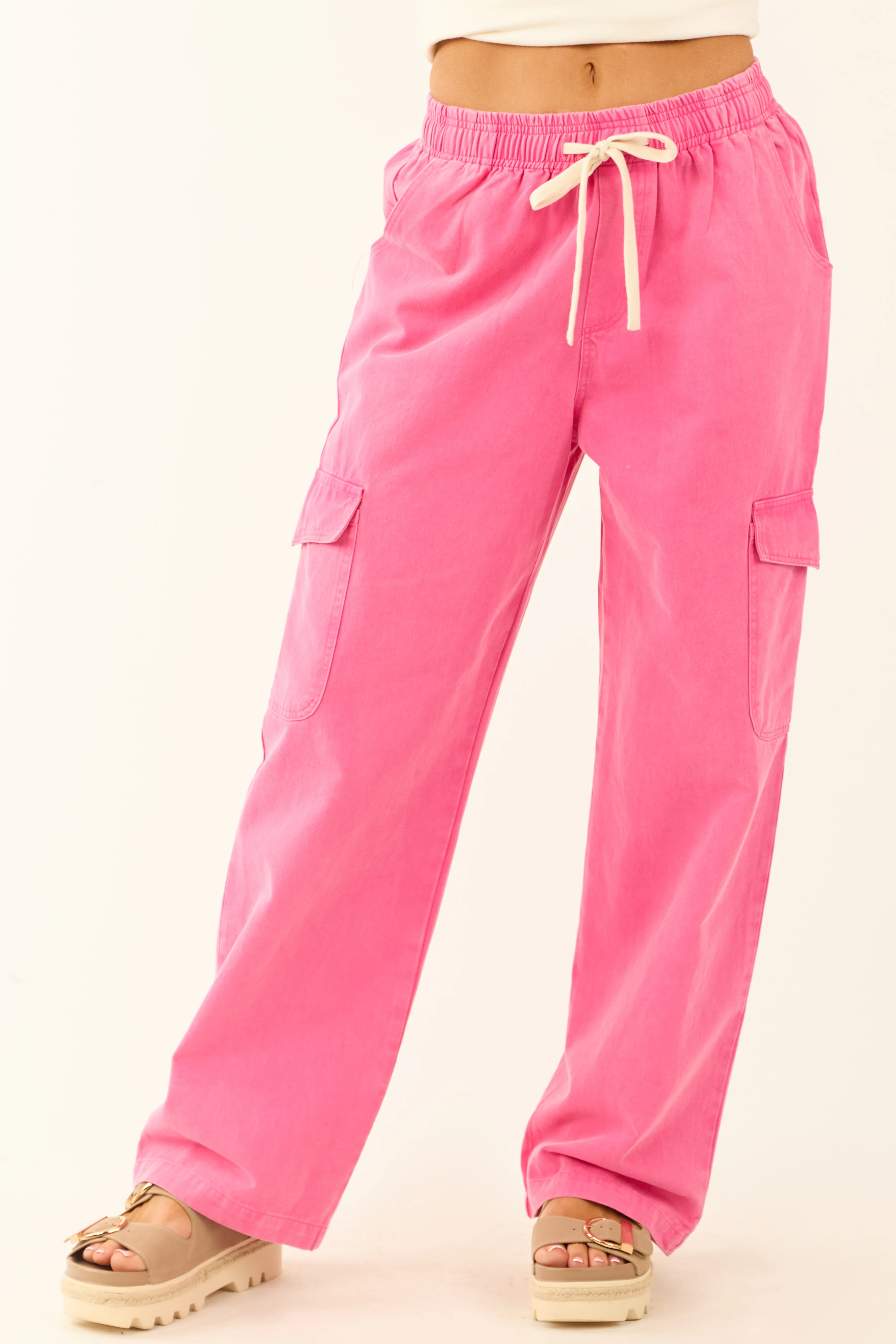 Fuchsia Washed Denim Wide Leg Cargo Pants - LD SALE