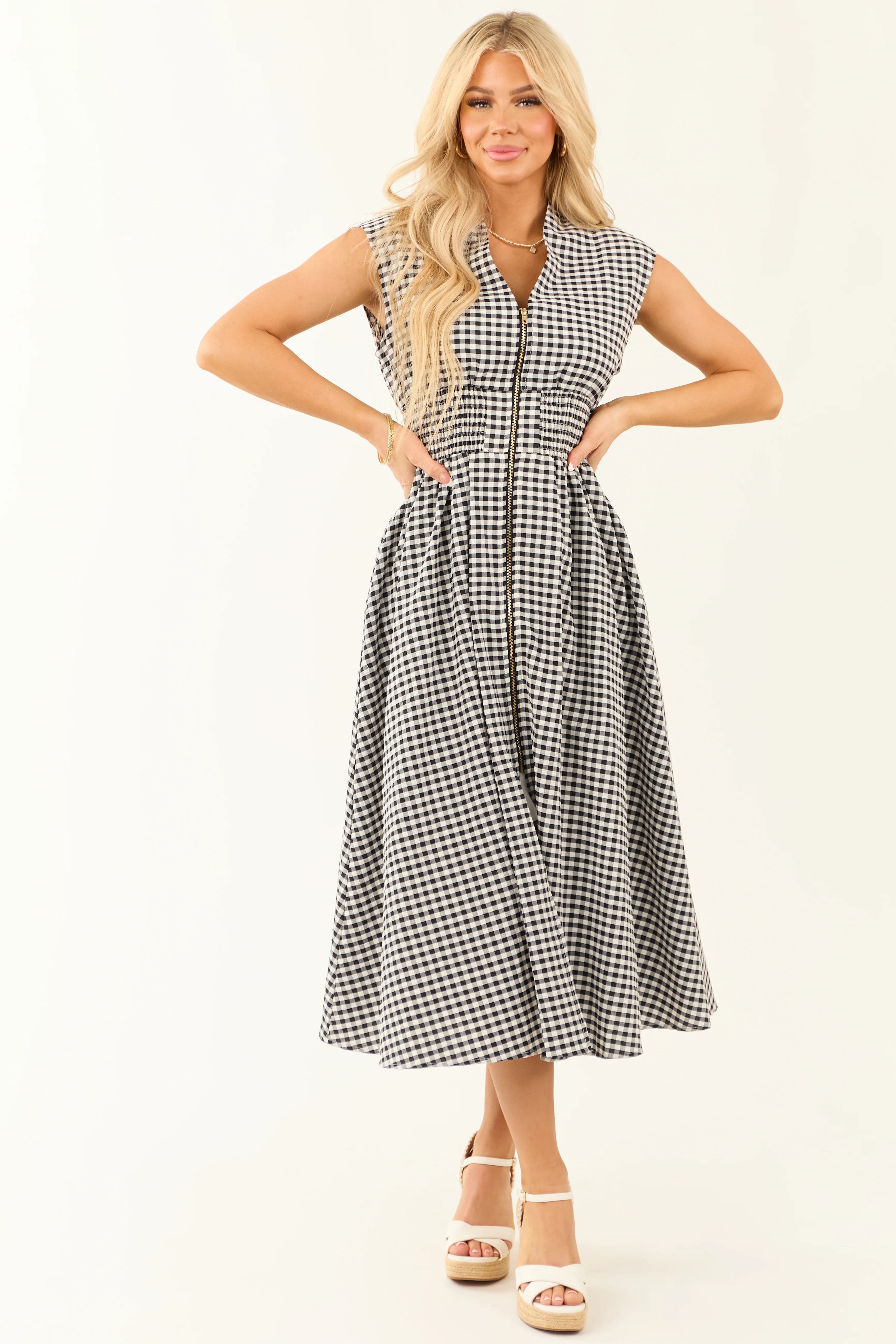 Black and White Gingham Zip Up Sleeveless Midi Dress - LD SALE