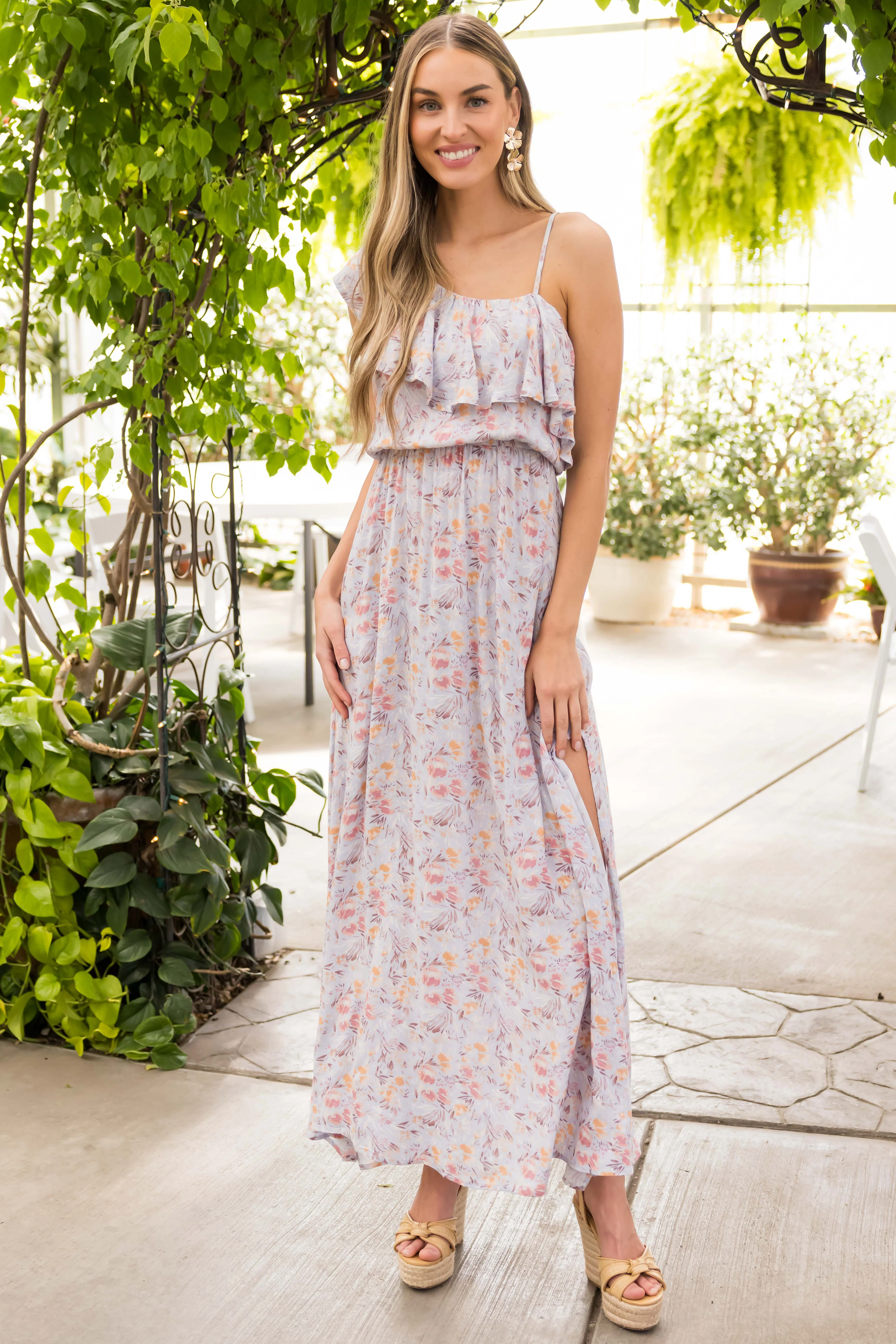 Periwinkle Floral One Shoulder Maxi Dress - LD SALE