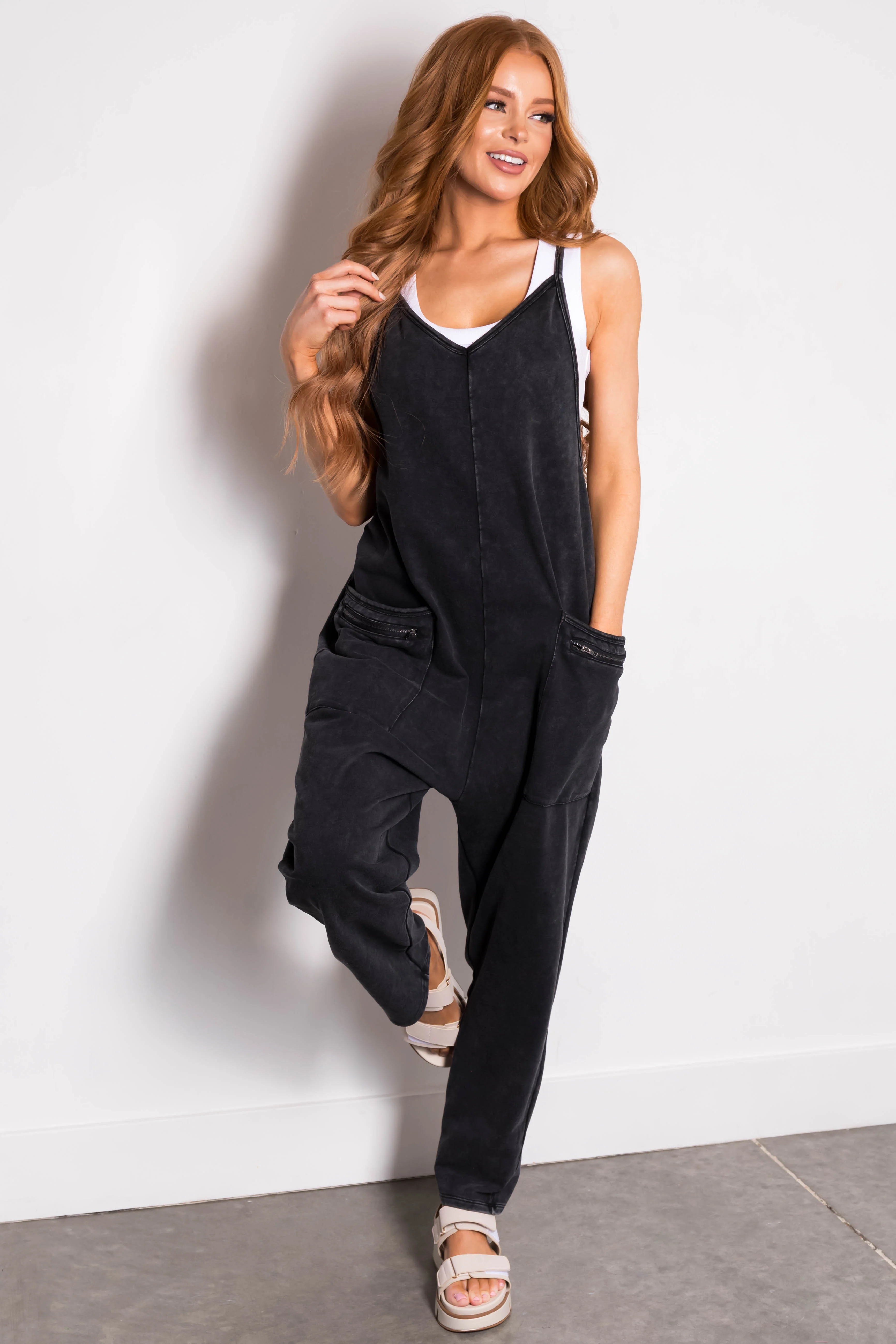 Black Washed Sleeveless Relaxed Fit Jumpsuit - LD SALE
