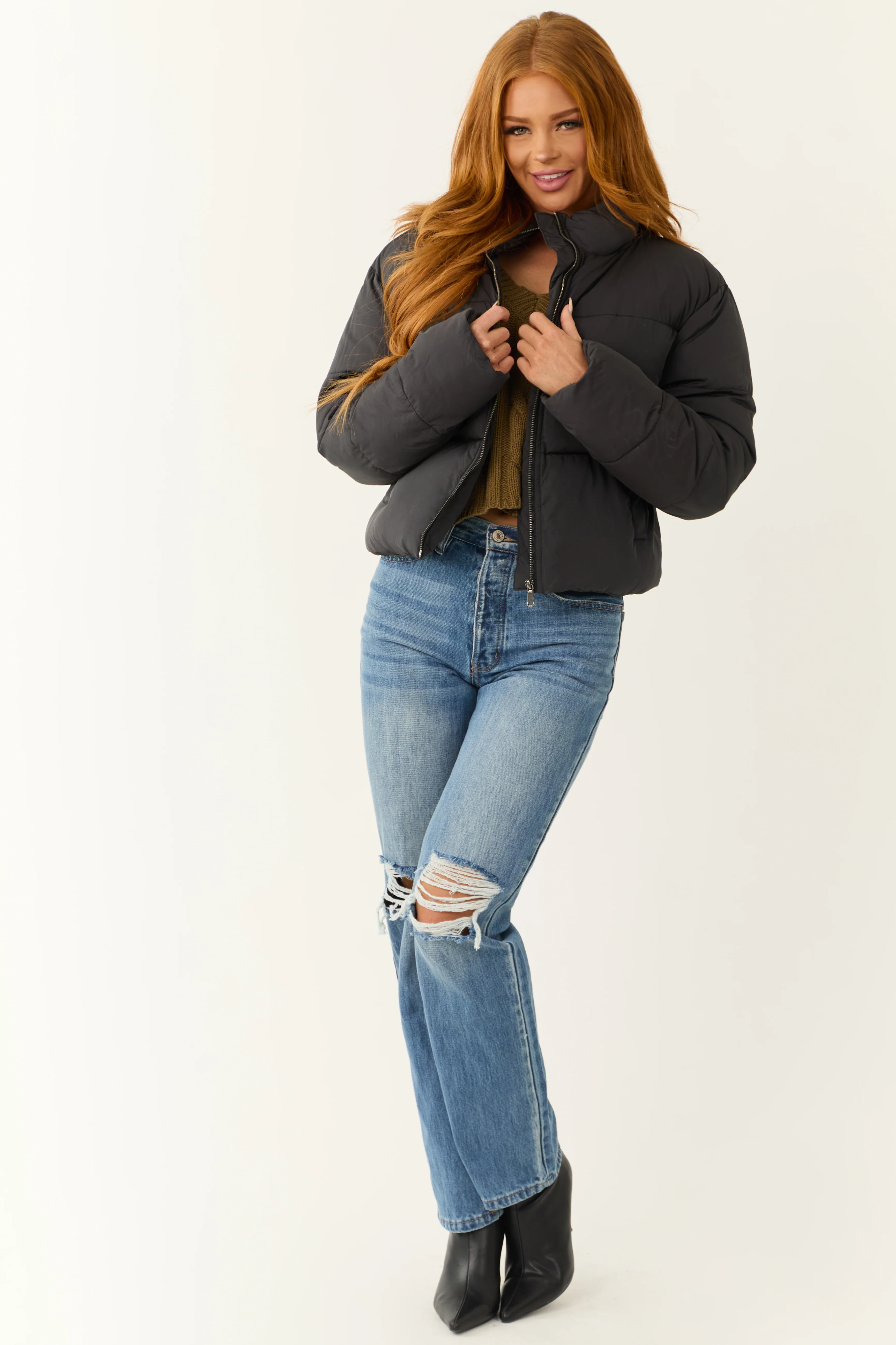 Black Zip Up Collared Quilted Puffer Jacket - LD SALE