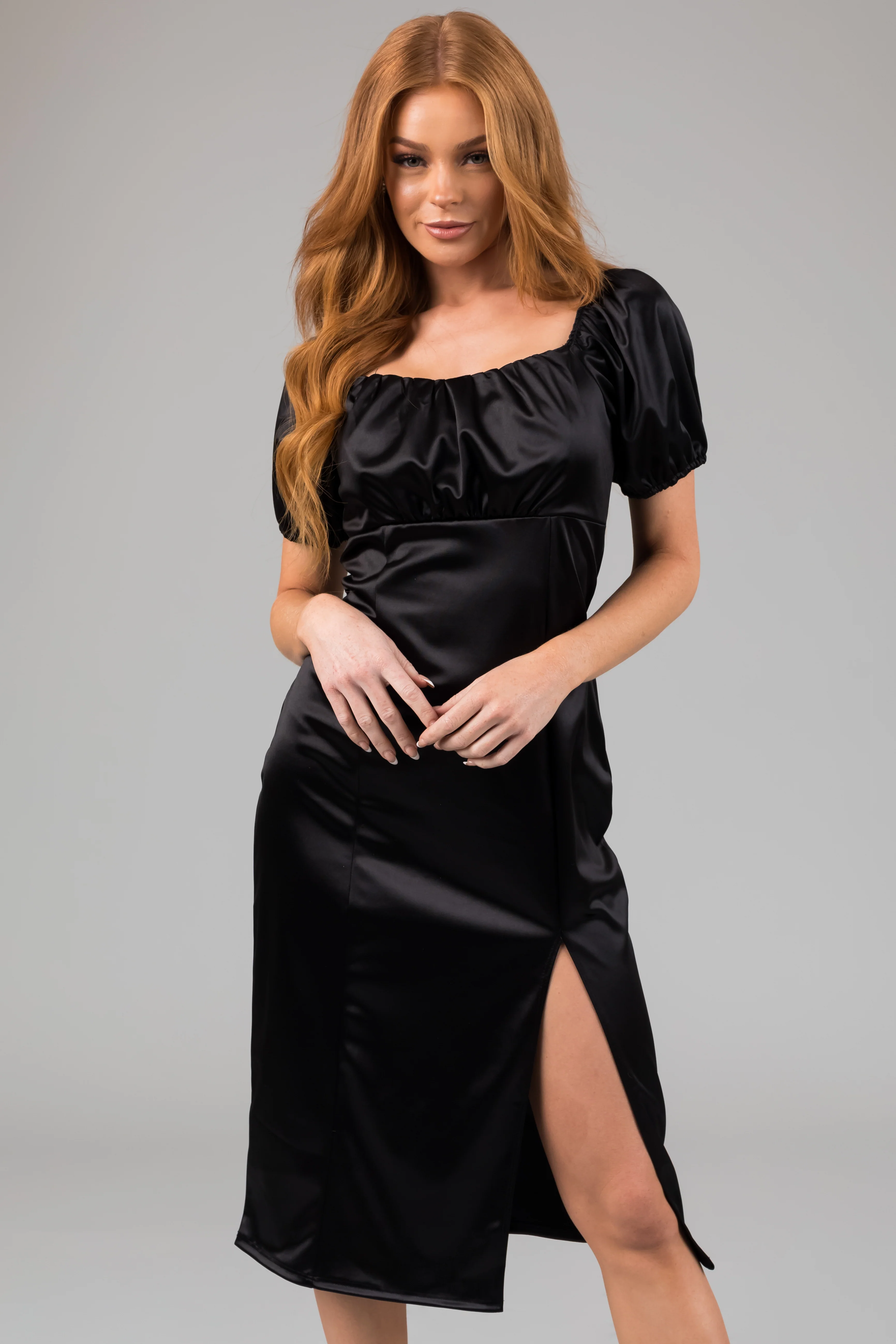 Black Square Neck Puff Sleeve Satin Midi Dress - LD SALE