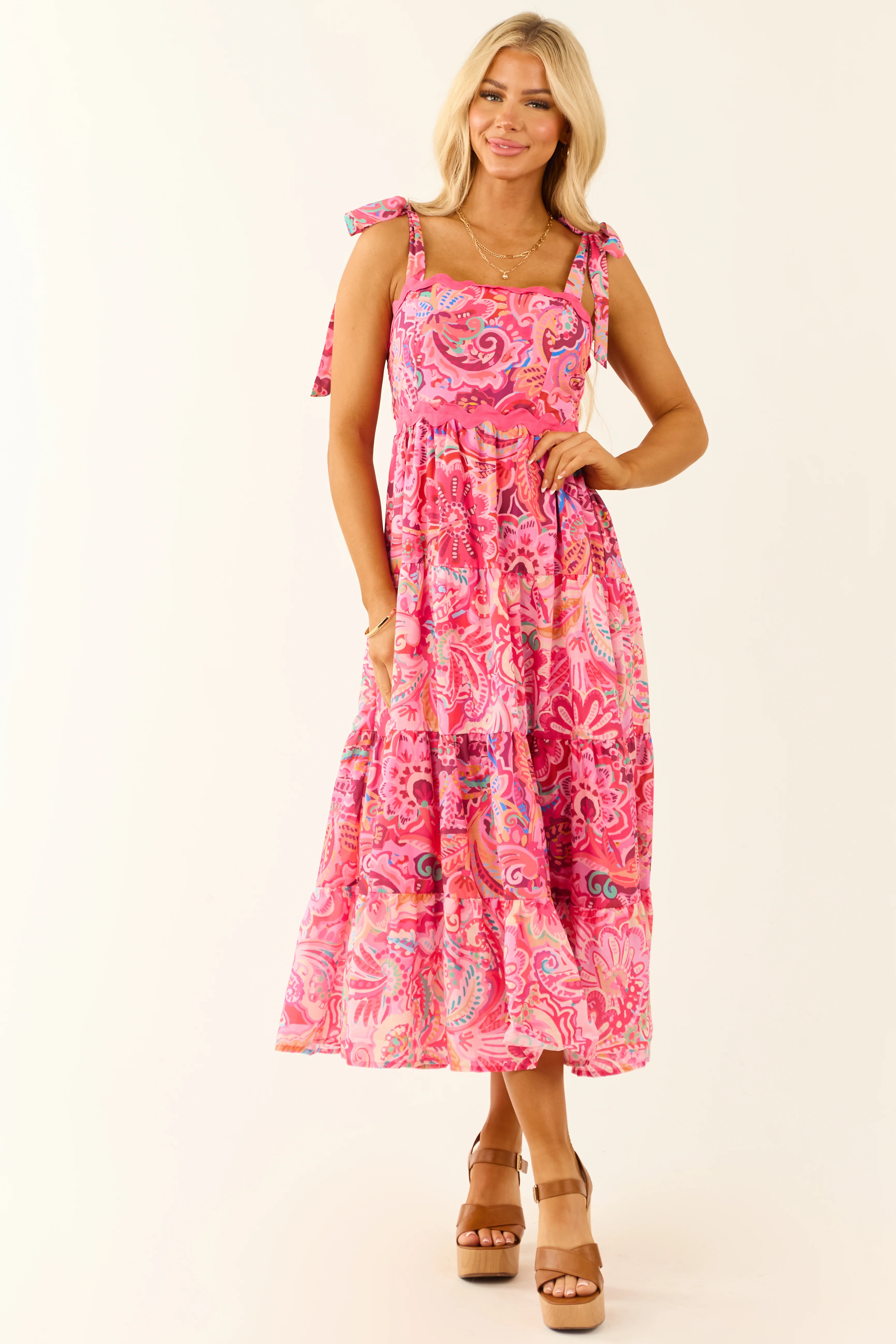 Hot Pink Sleeveless Floral Abstract Print Midi Dress - LD SALE