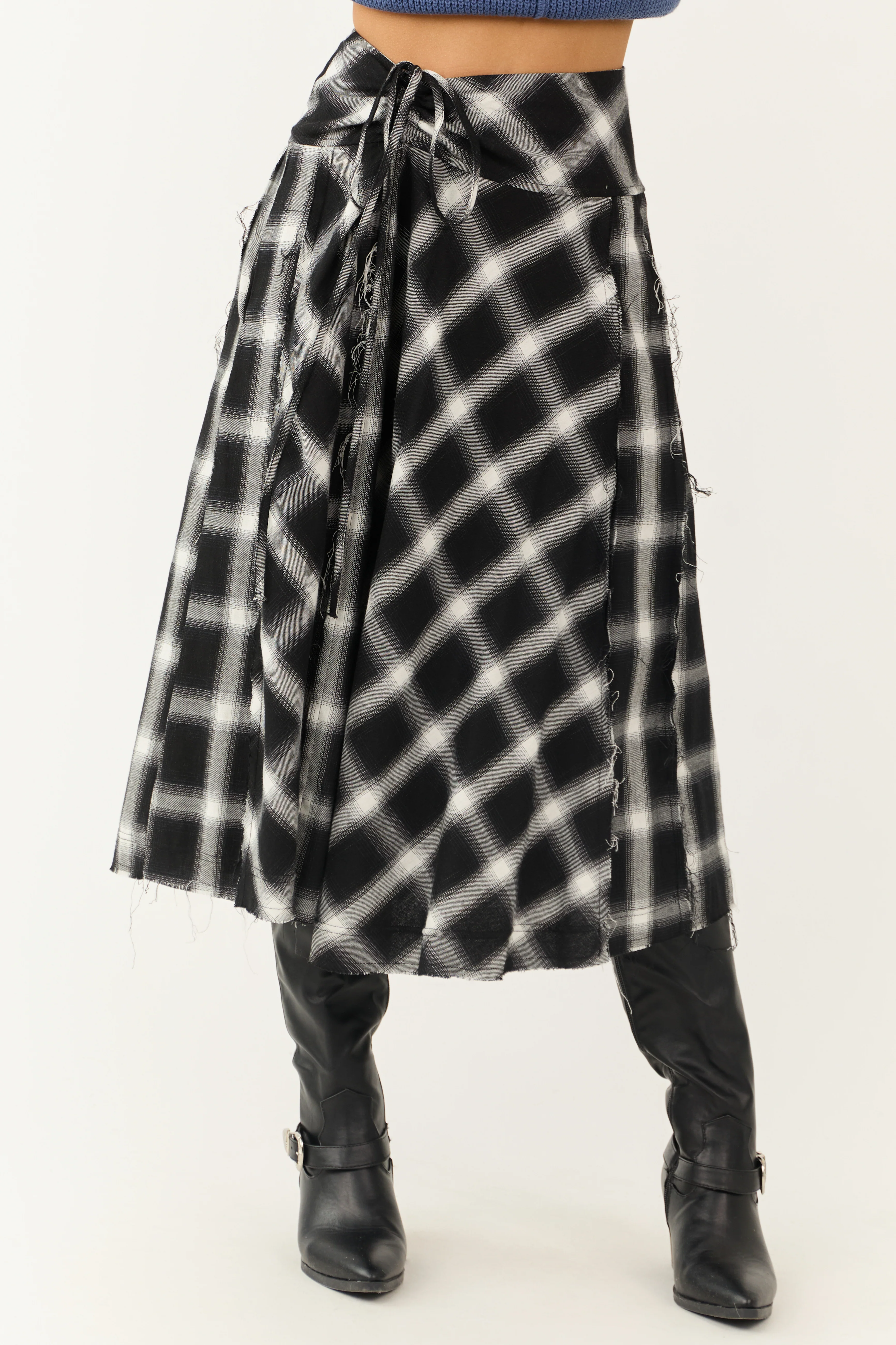 Black and Ivory Plaid Raw Hem Midi Skirt - LD SALE