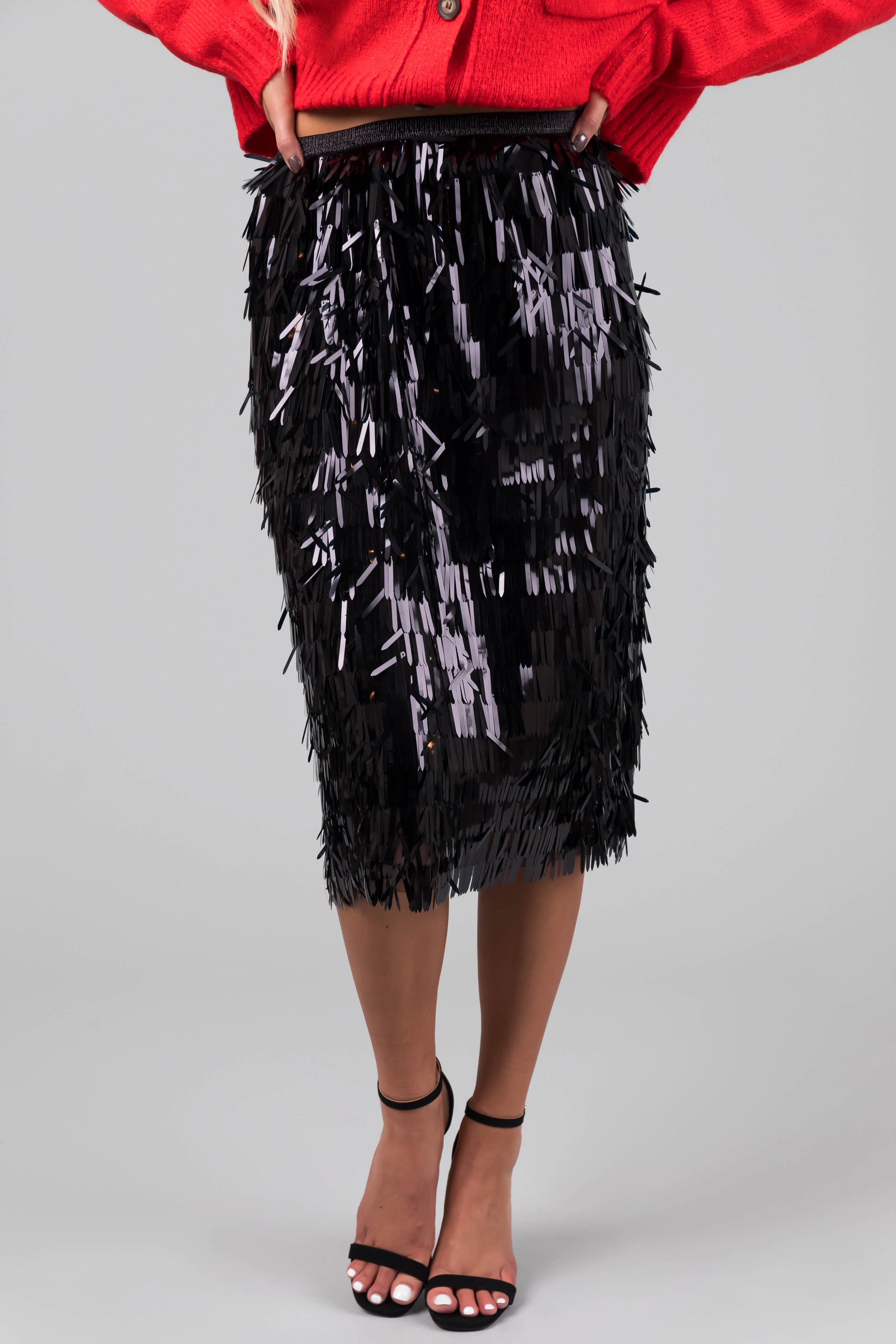 Black Fringe Sequin Elastic Midi Skirt - LD SALE