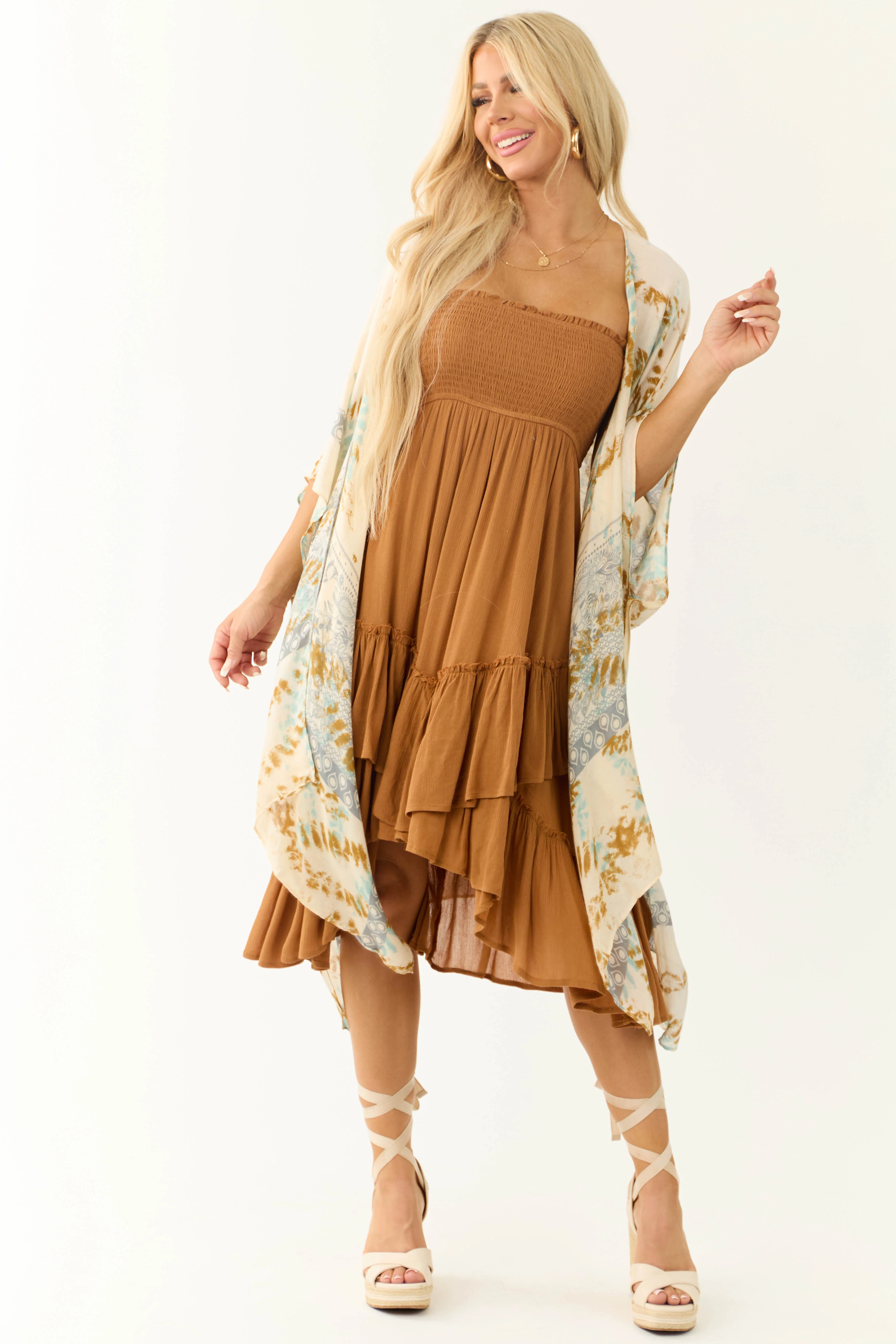 Buttercream Abstract Print Side Slit Kimono - LD SALE