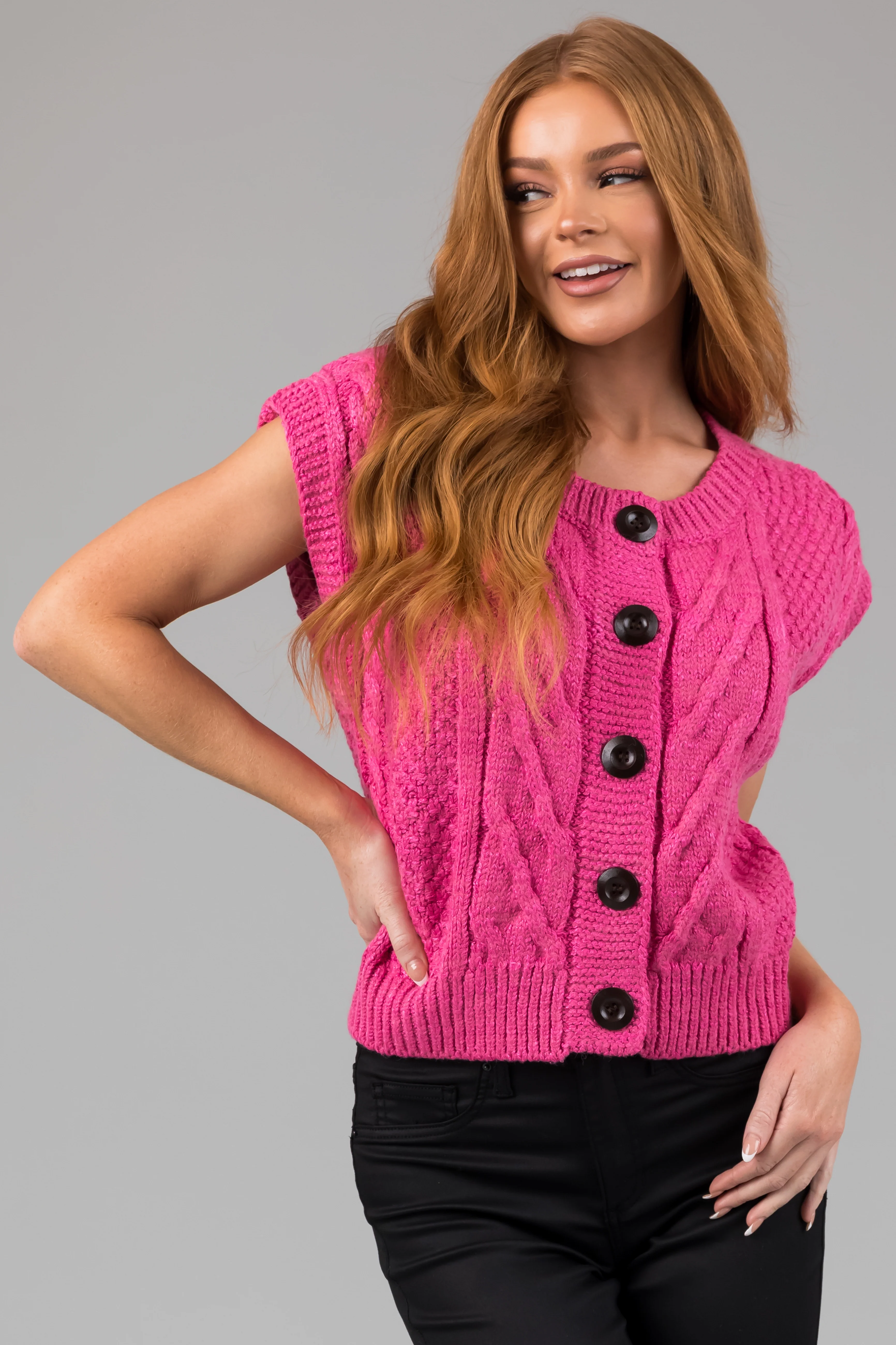 Magenta Thick Cable Knit Button Sweater Vest - LD SALE