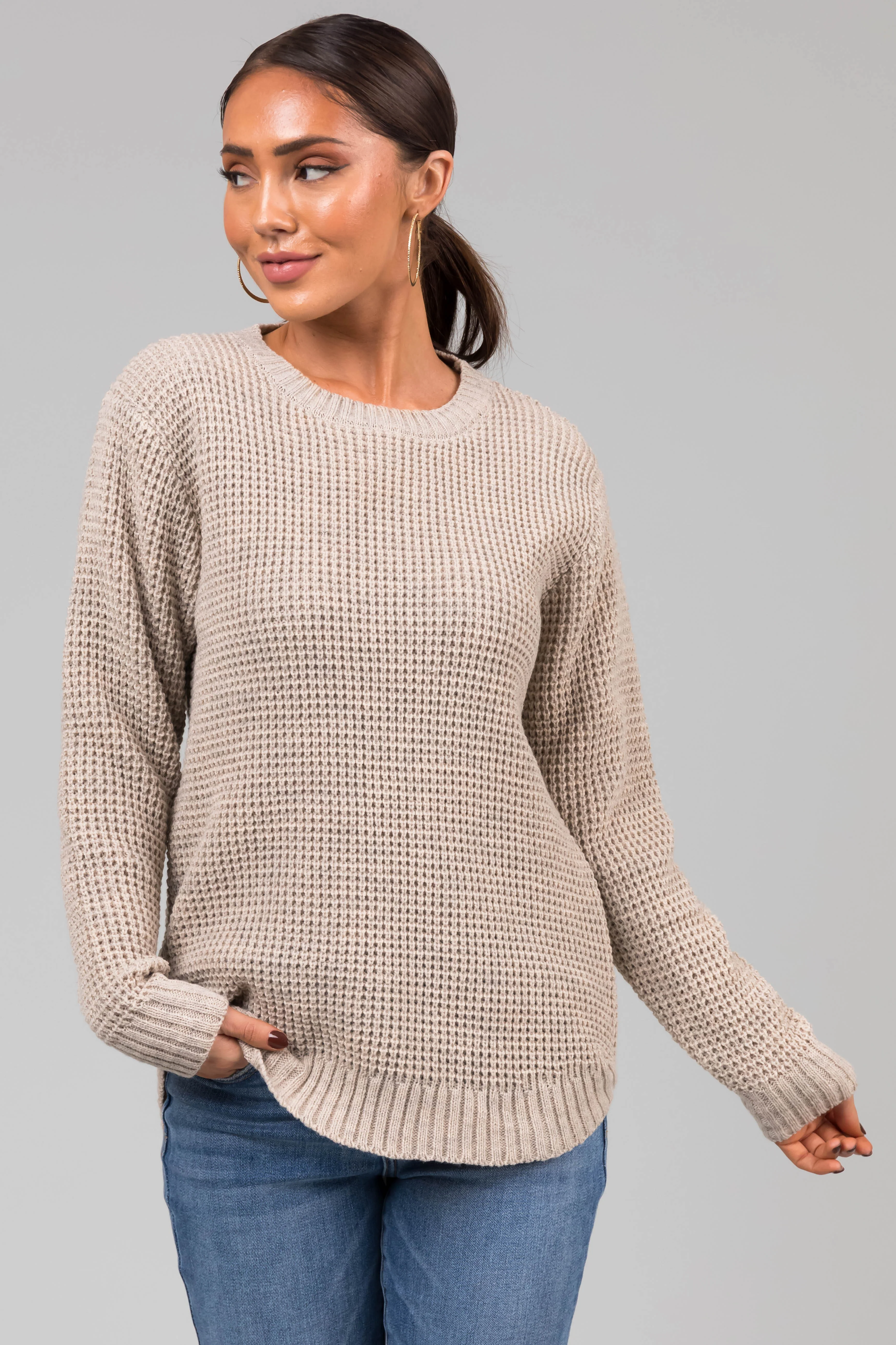 Oatmeal Thick Waffle Knit Curved Hem Sweater - LD SALE