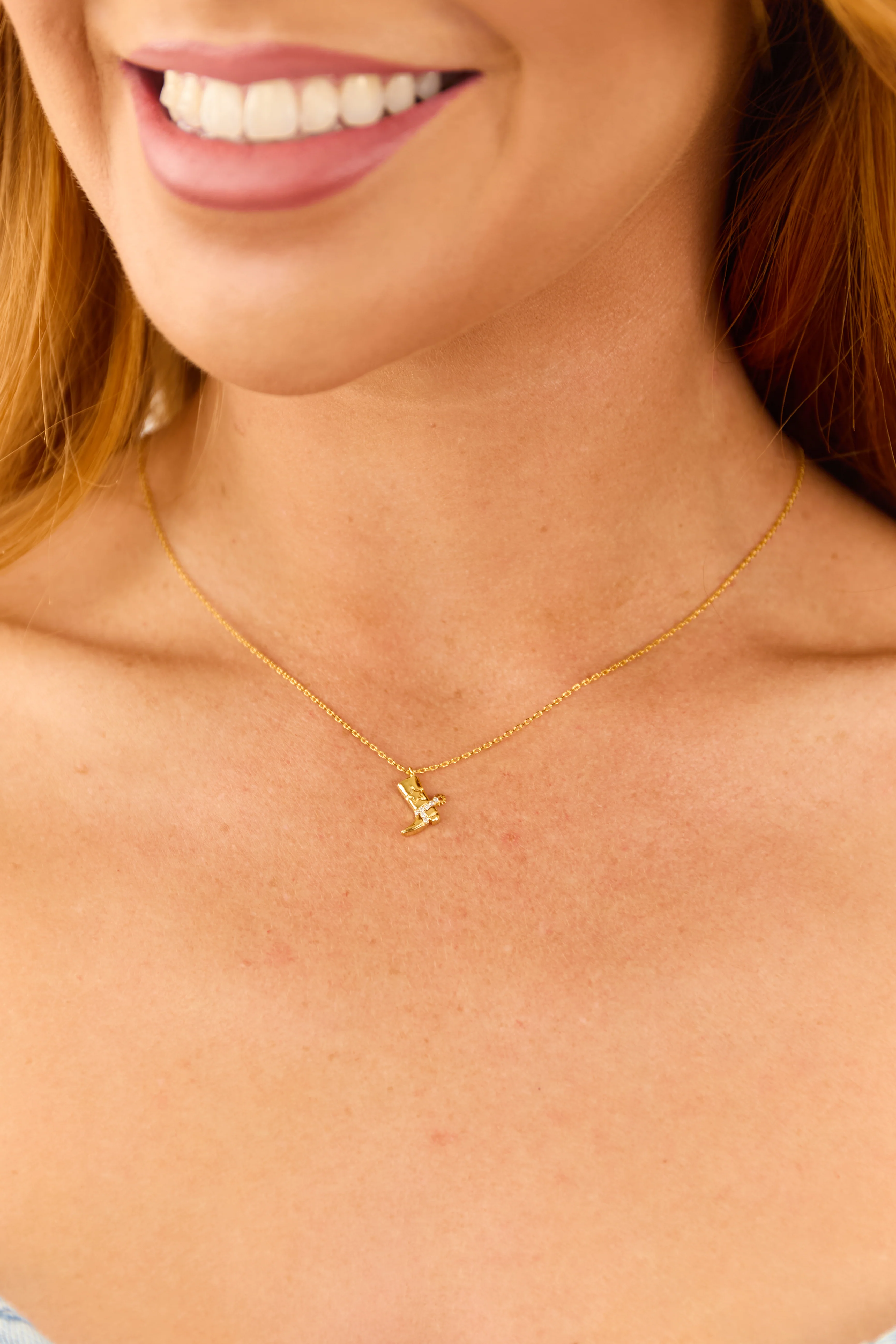 Gold Cowboy Boot Rhinestone Studded Pendant Necklace - LD SALE