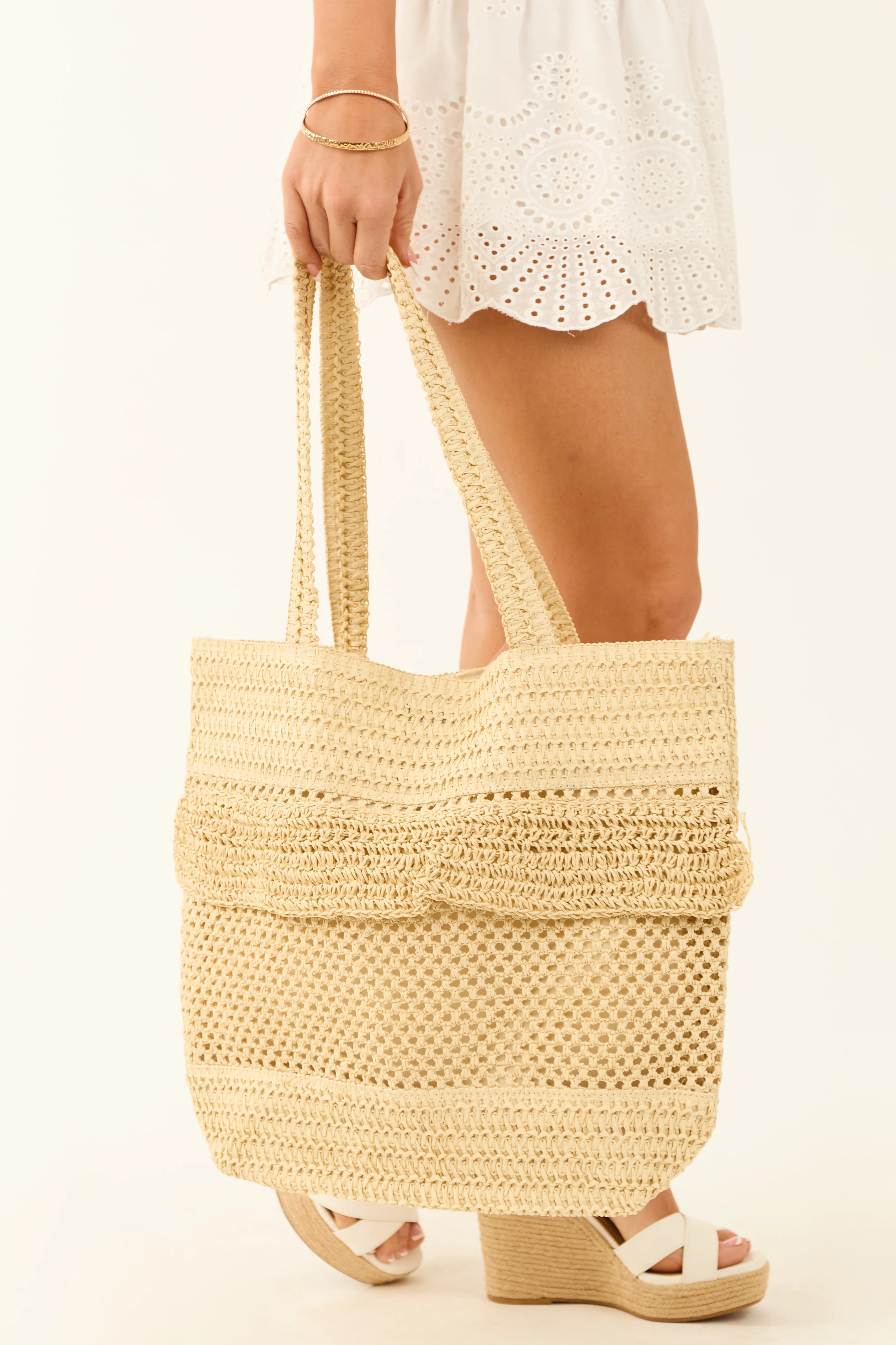 Light Beige Crochet Straw Ruffle Detail Tote Bag - LD SALE