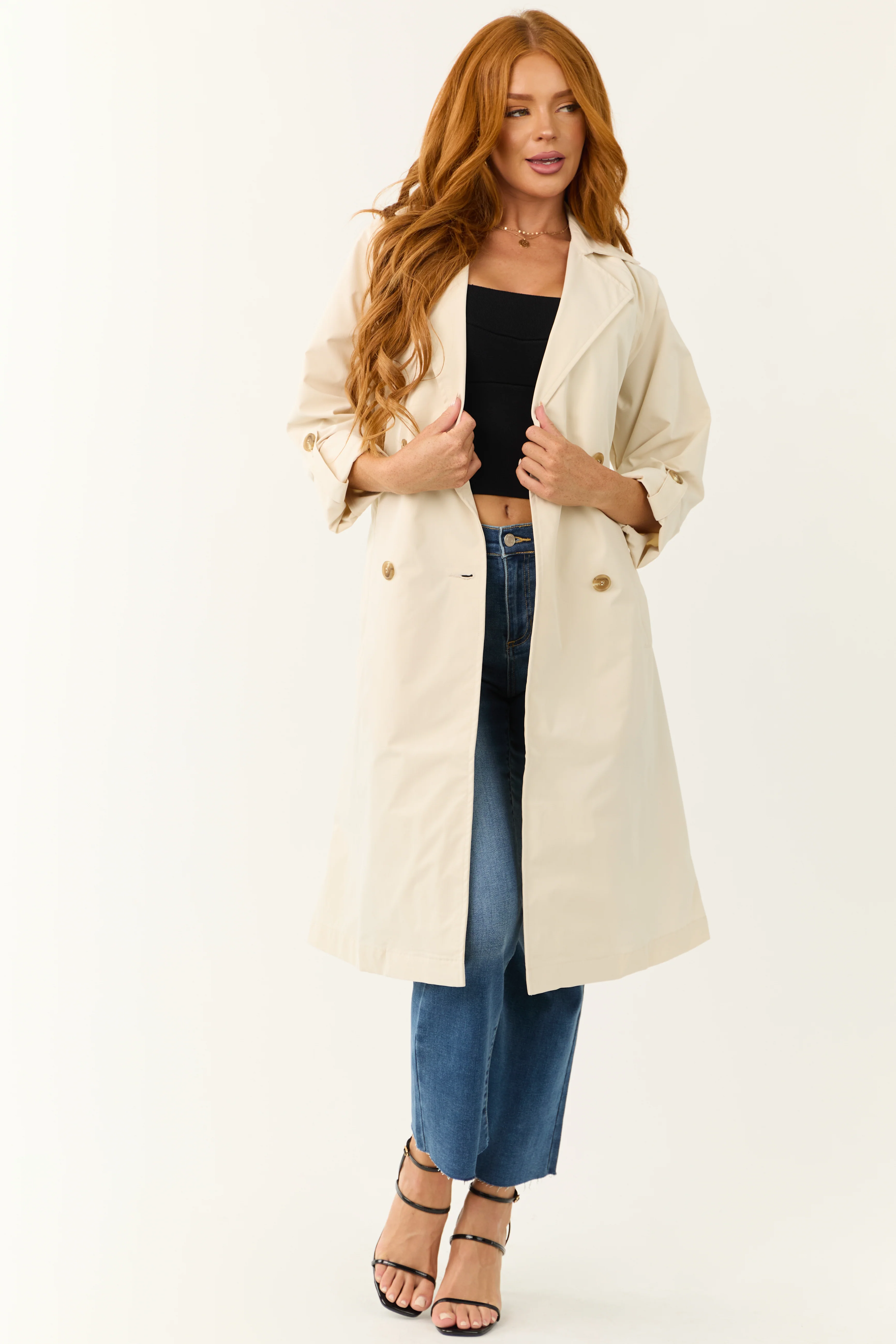 Sand Long Sleeve Belted Collared Trench Coat - LD SALE