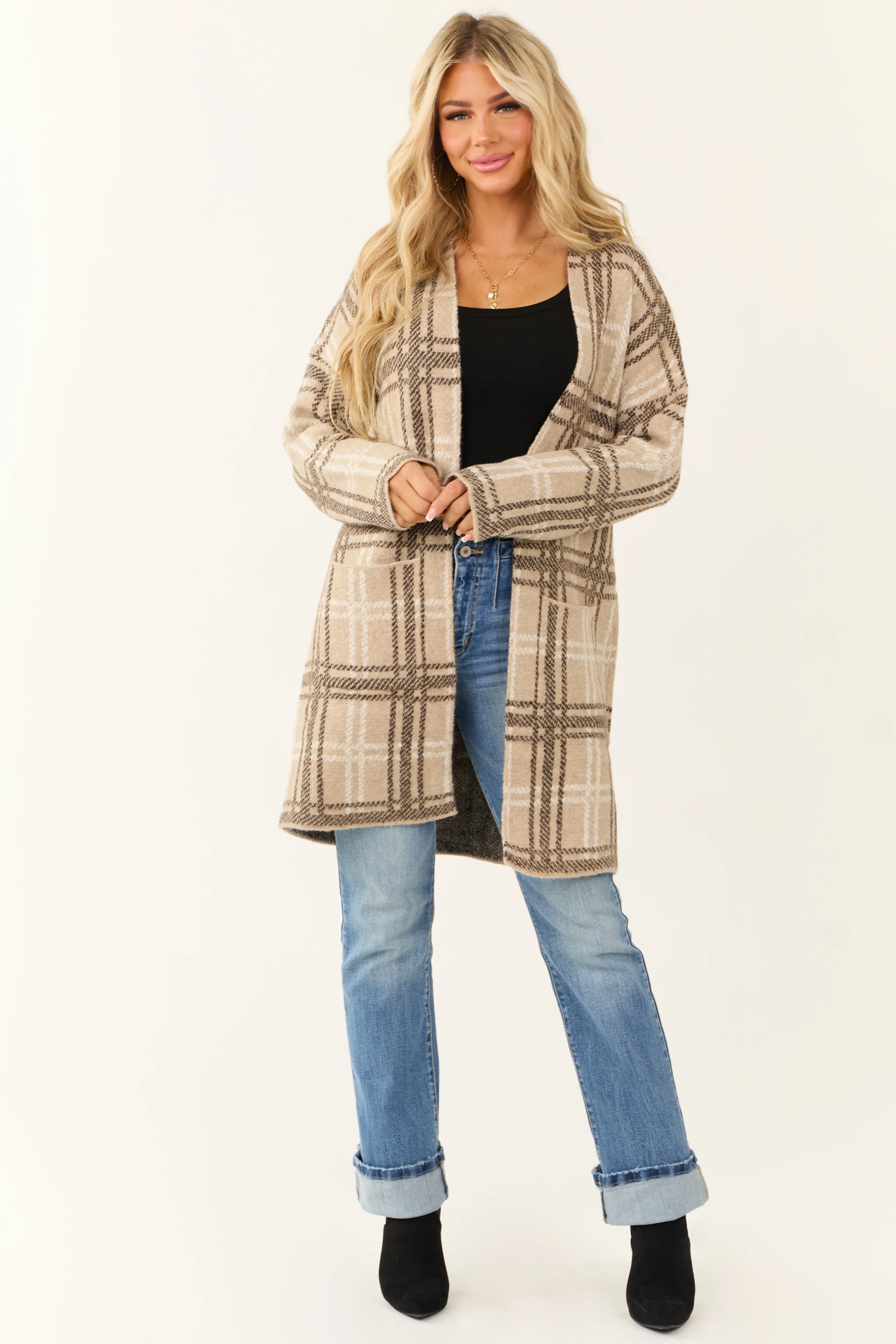 Oatmeal Open Front Plaid Knit Long Cardigan - LD SALE