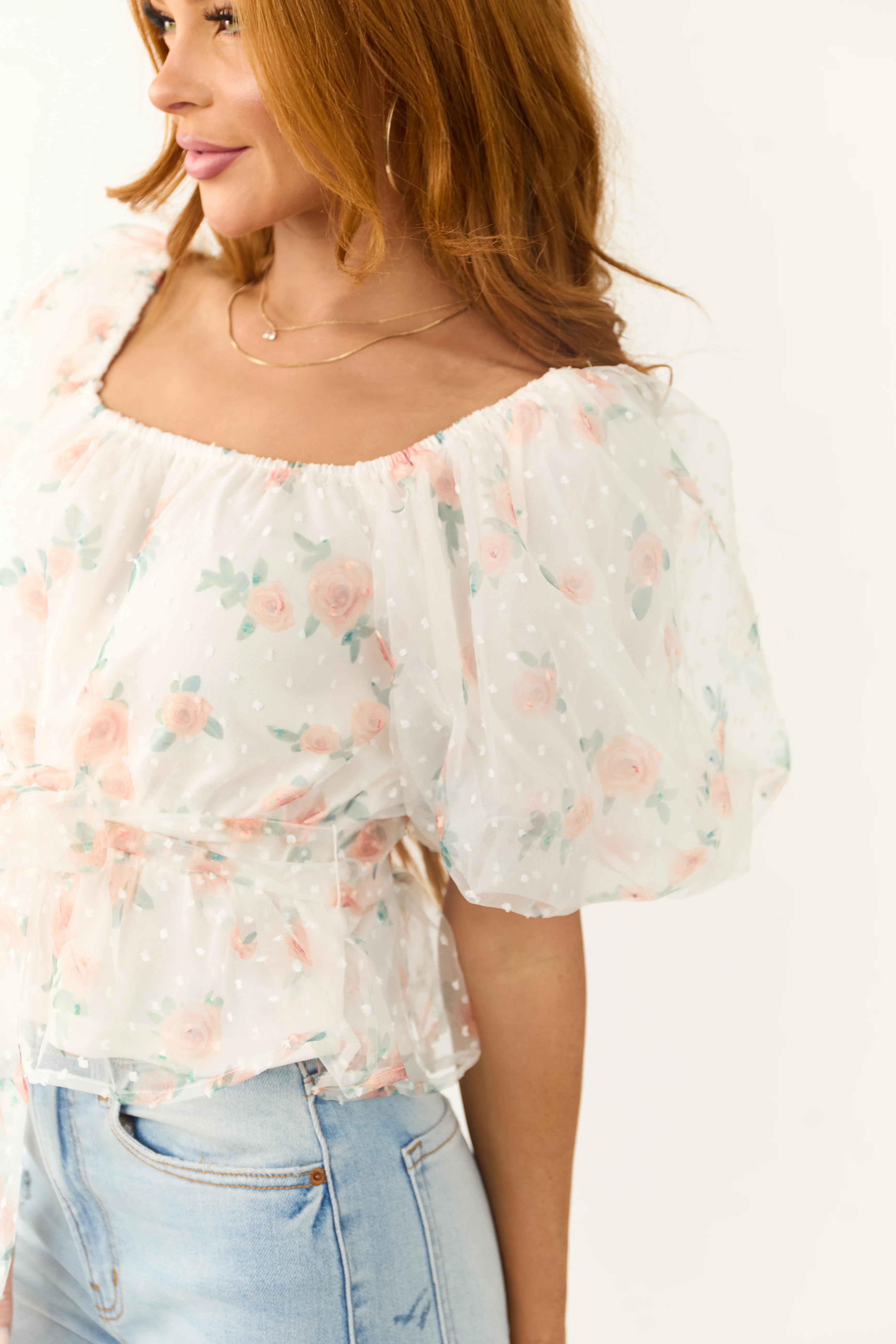 Ivory Tulle Floral Print Puff Sleeve Top - LD SALE