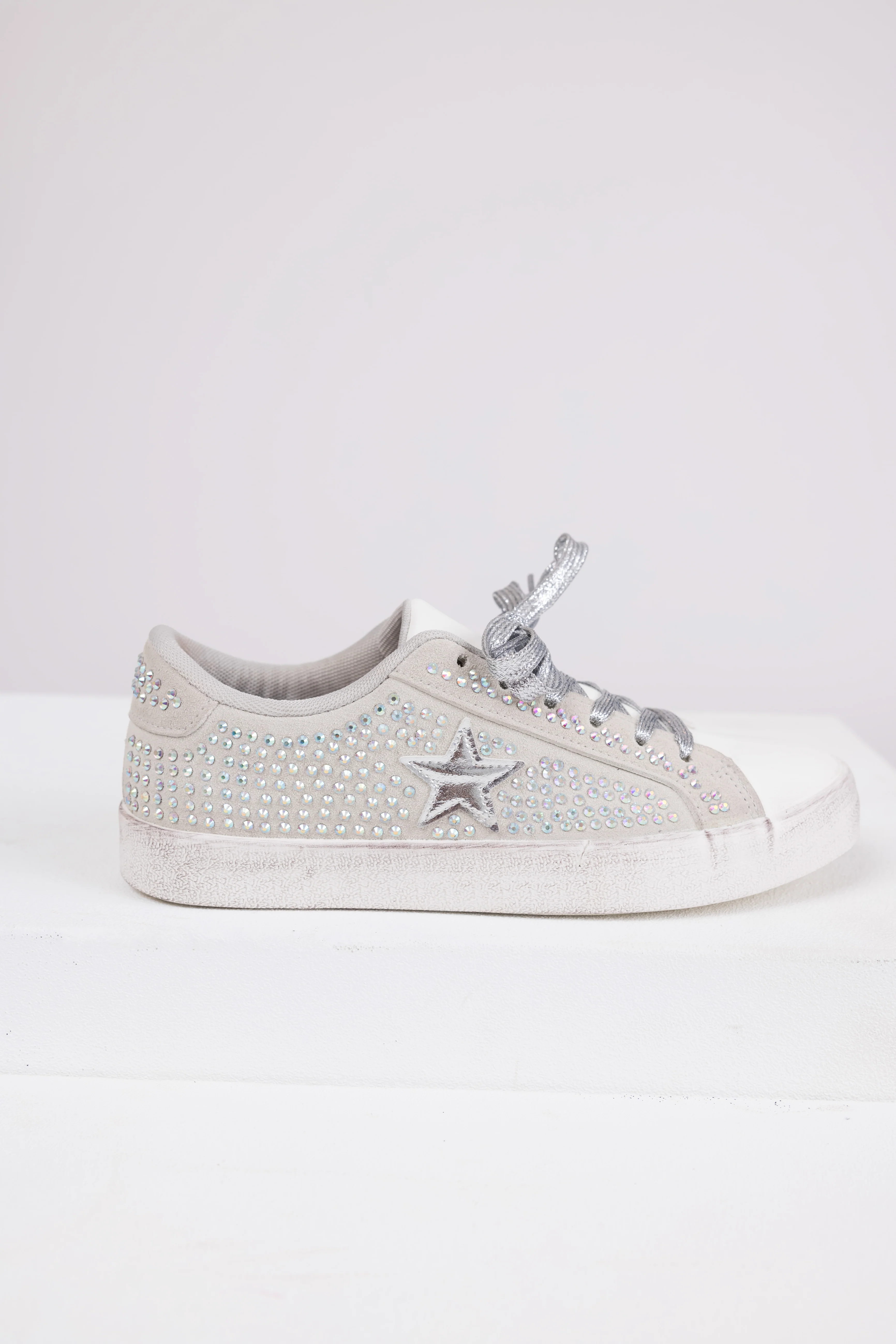 Grey Distressed Sole Rhinestone Sneakers - LD SALE