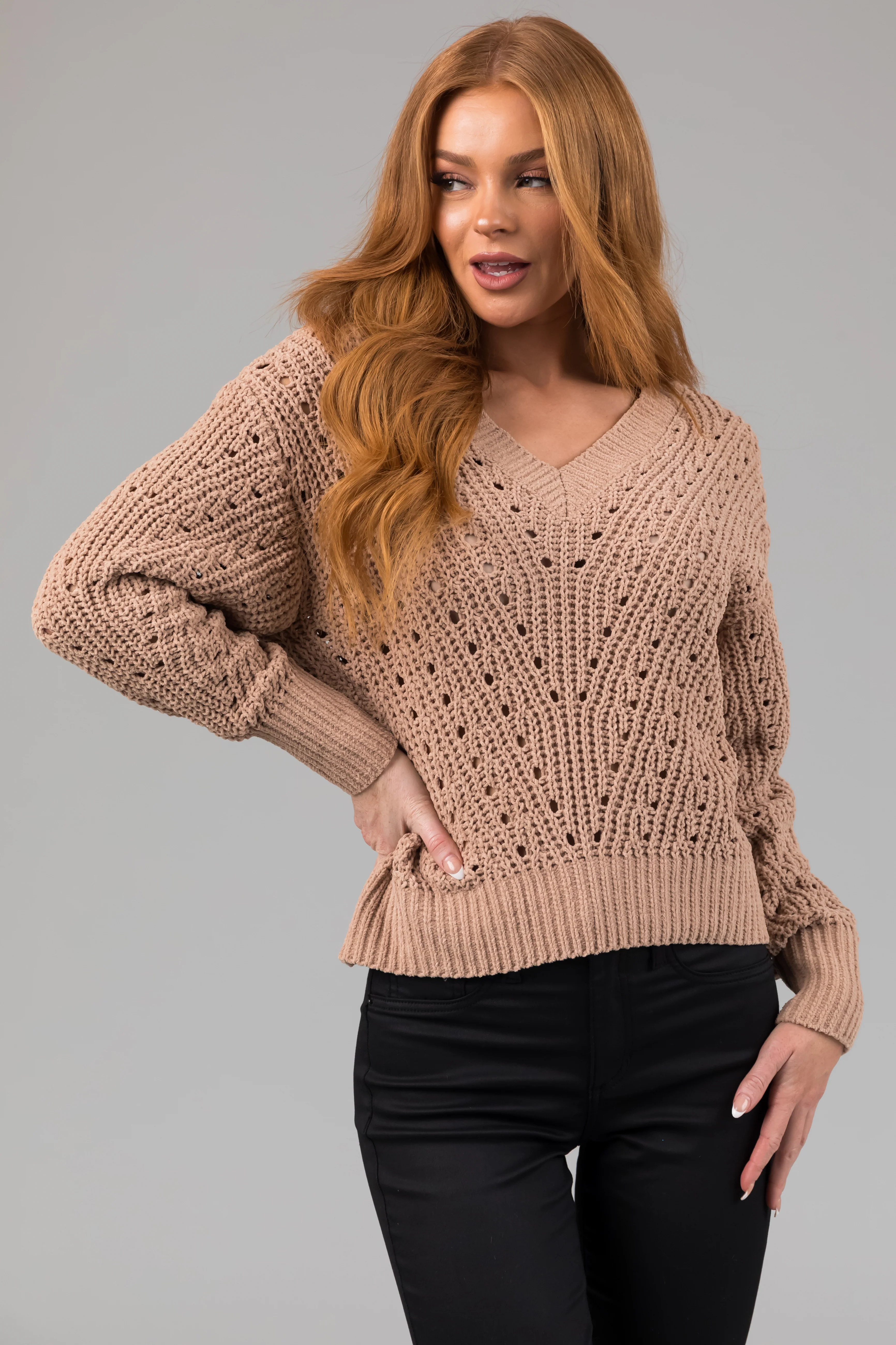 Latte Pointelle Cut Out Chenille Sweater - LD SALE