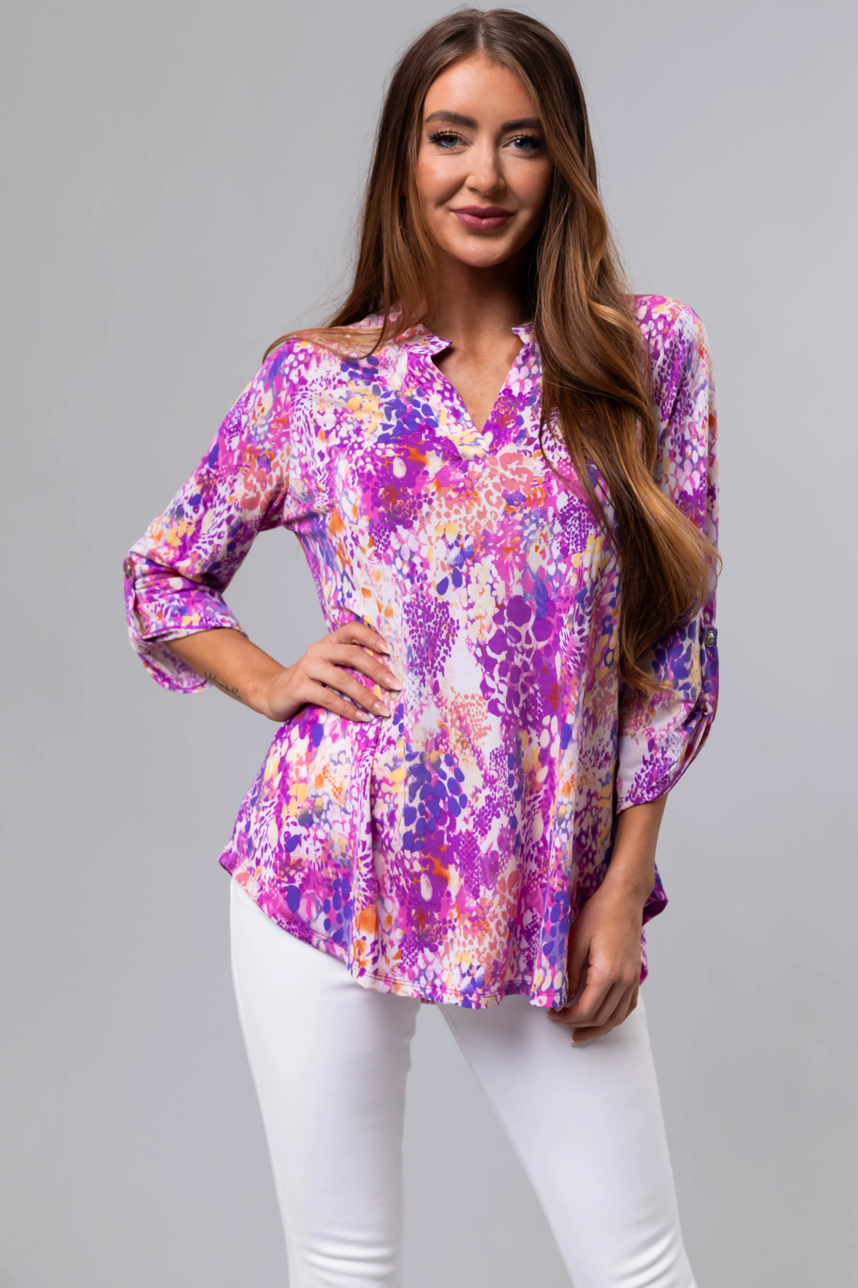 Violet Abstract Print 3/4 Sleeve Blouse - LD SALE