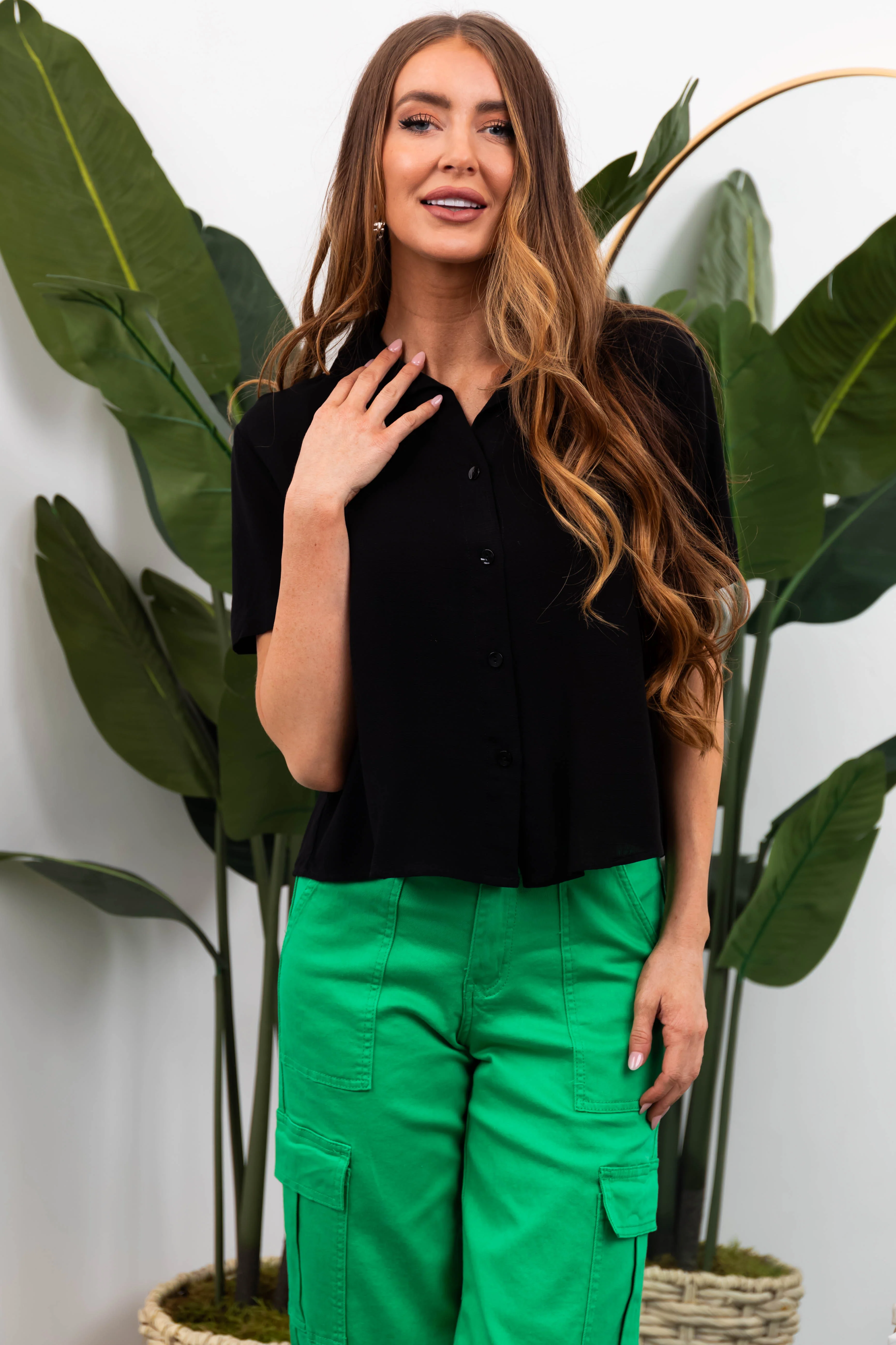 Black Linen Texture Short Sleeve Collared Shirt - LD SALE