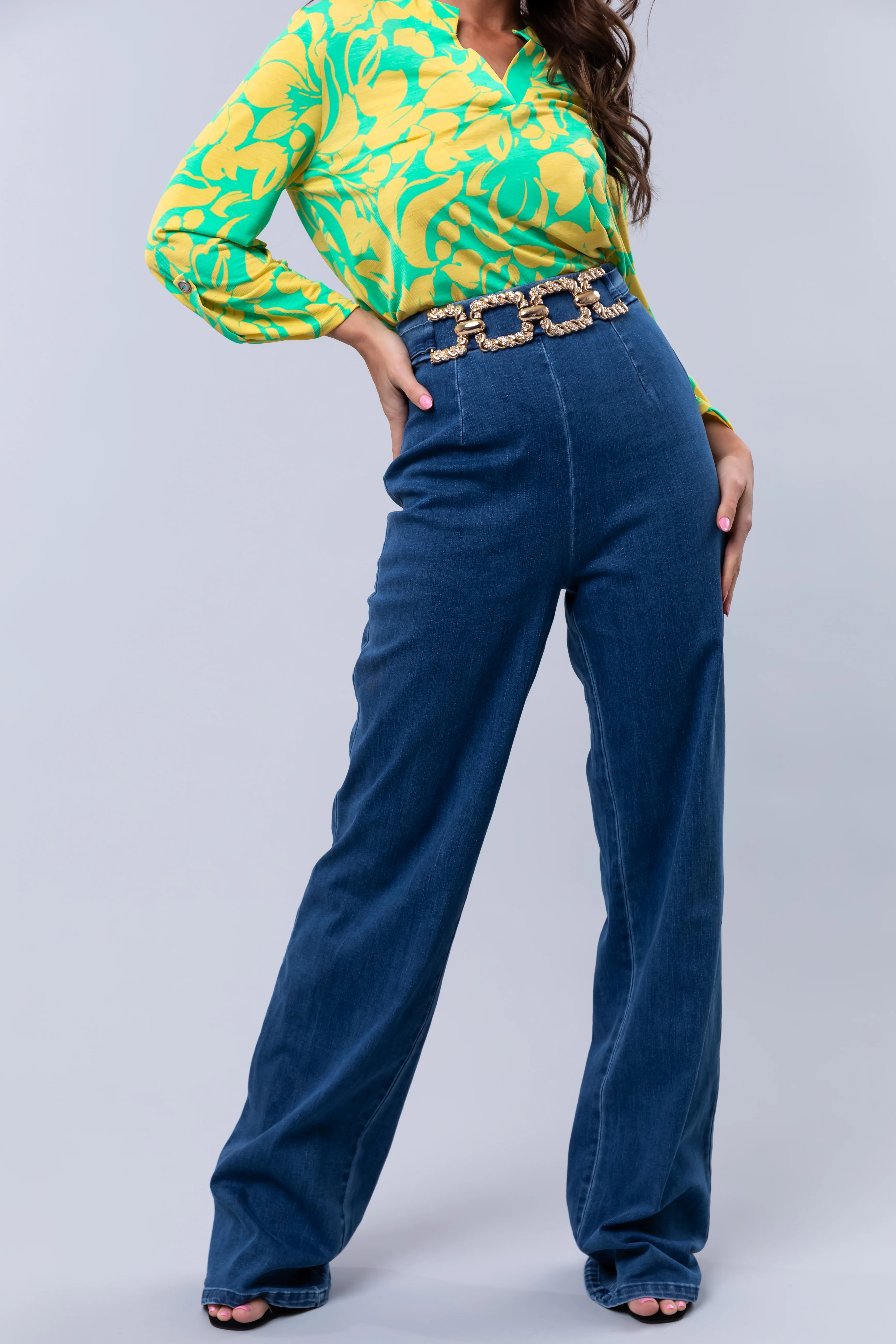 Medium Wash Denim Gold Belt High Waisted Jeans - LD SALE