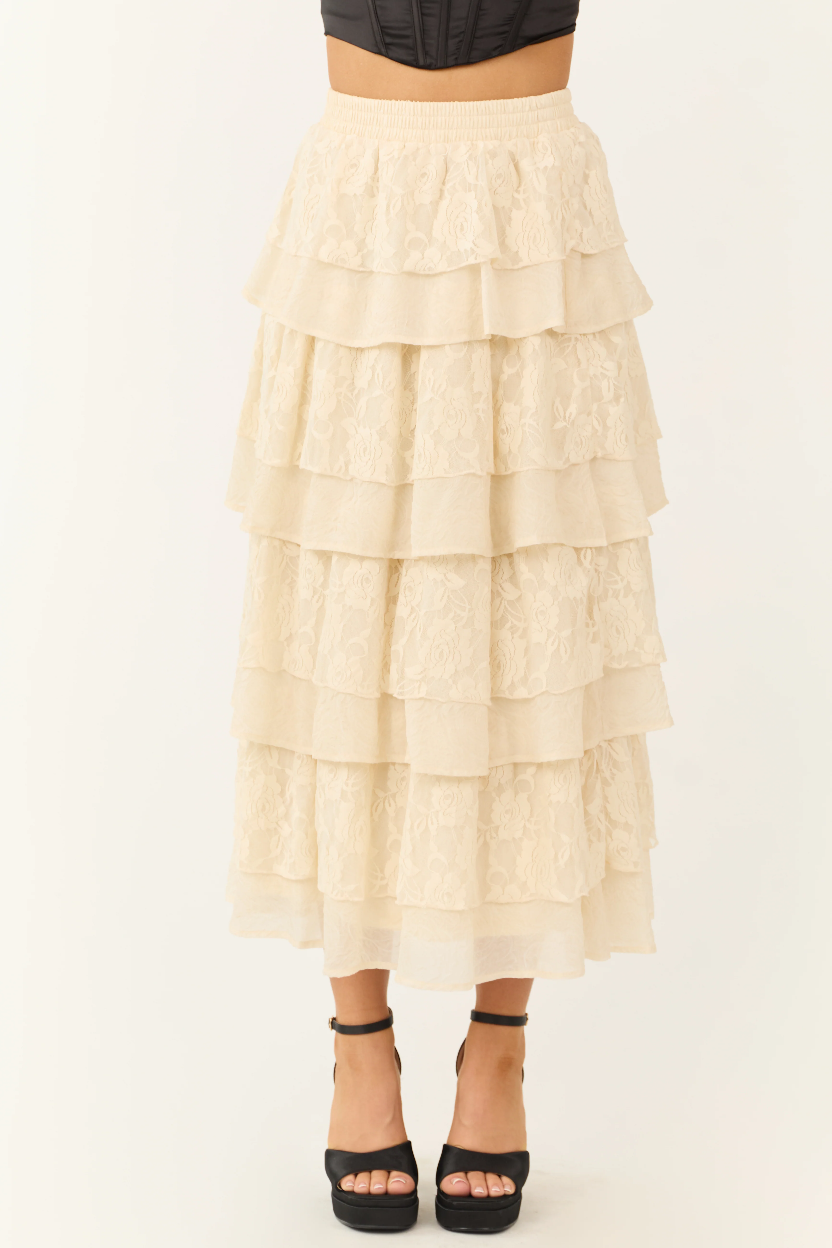 Cream Lace Ruffle Tiered Maxi Skirt - LD SALE