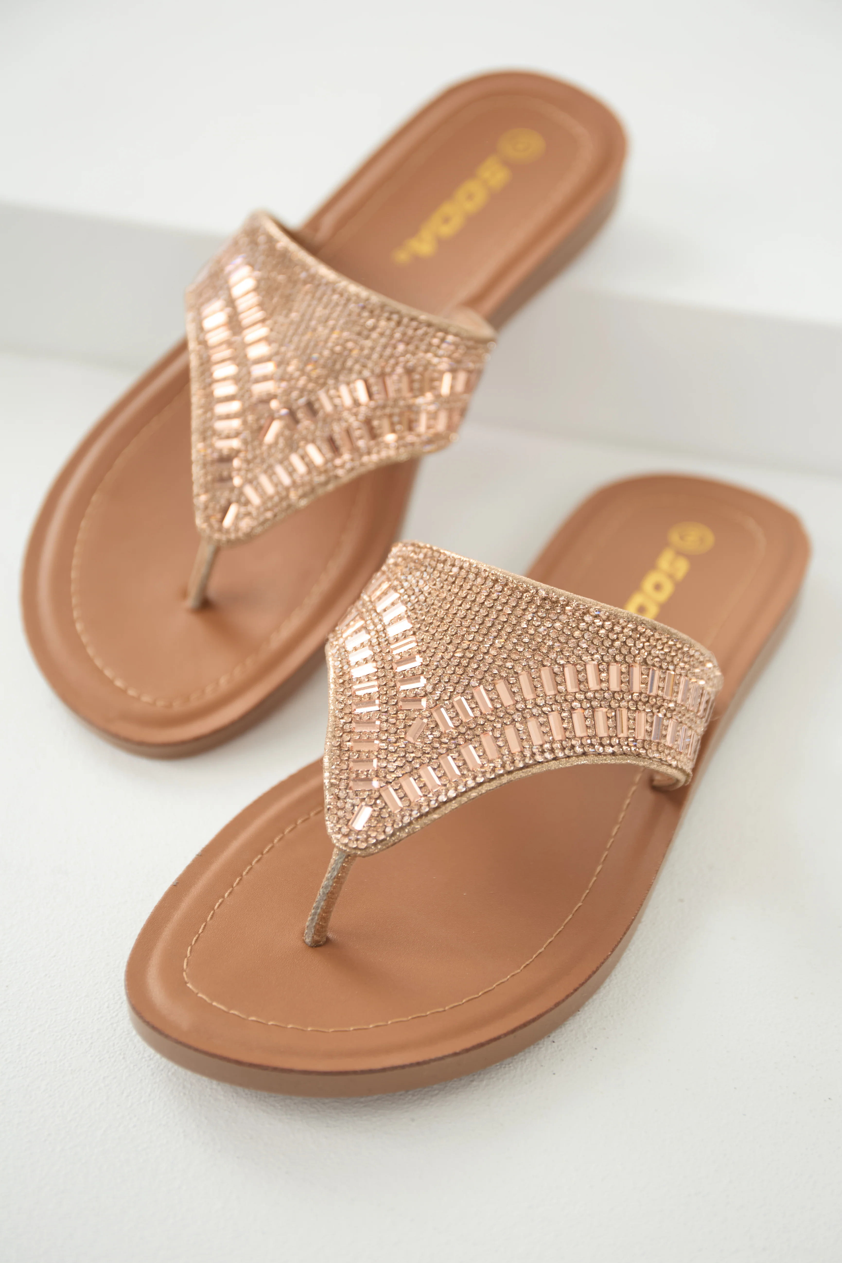 Rose Gold Rhinestone Flat Slip On Sandals - LD SALE