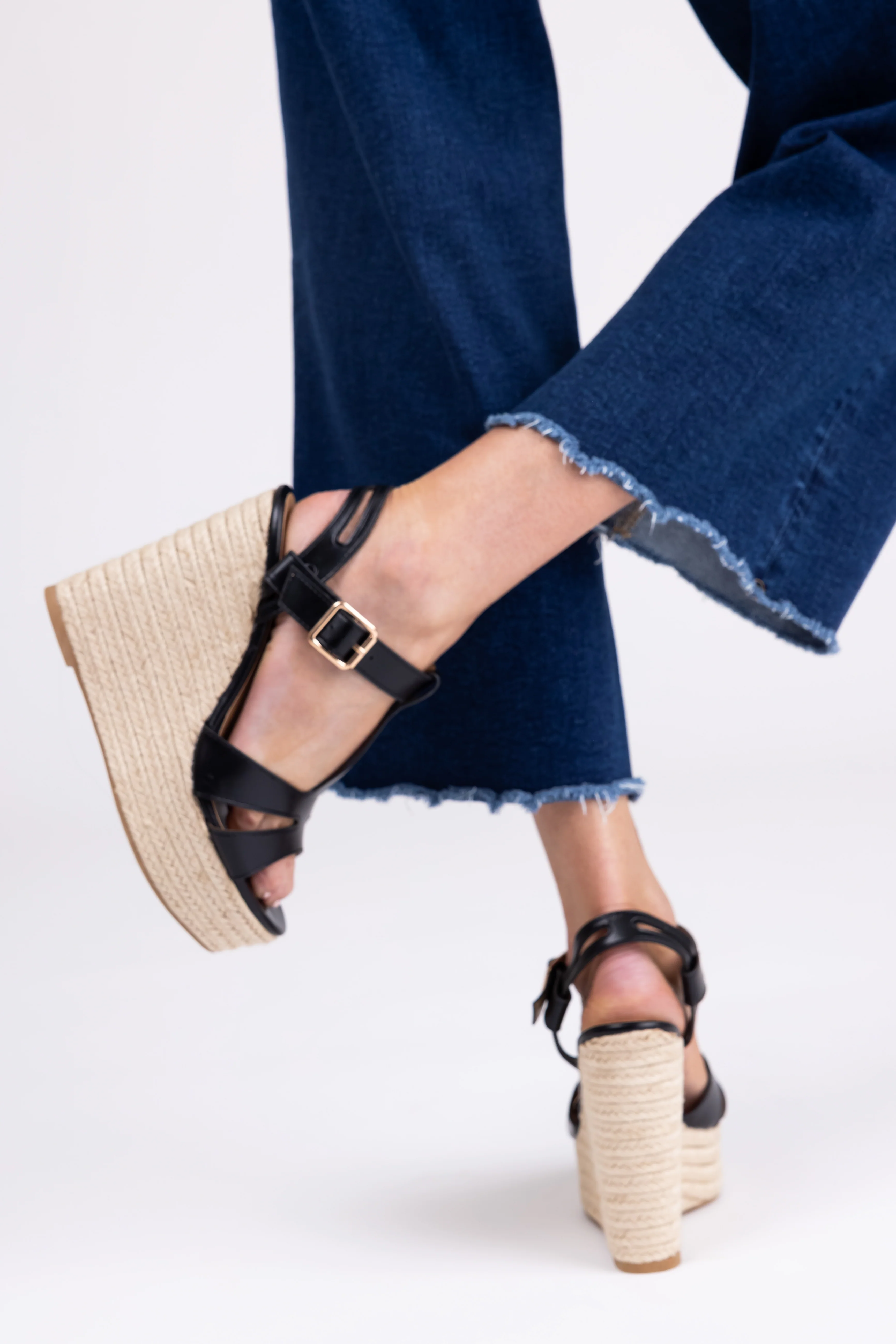 Black Cut Out T Strap Espadrille Platform Wedges - LD SALE