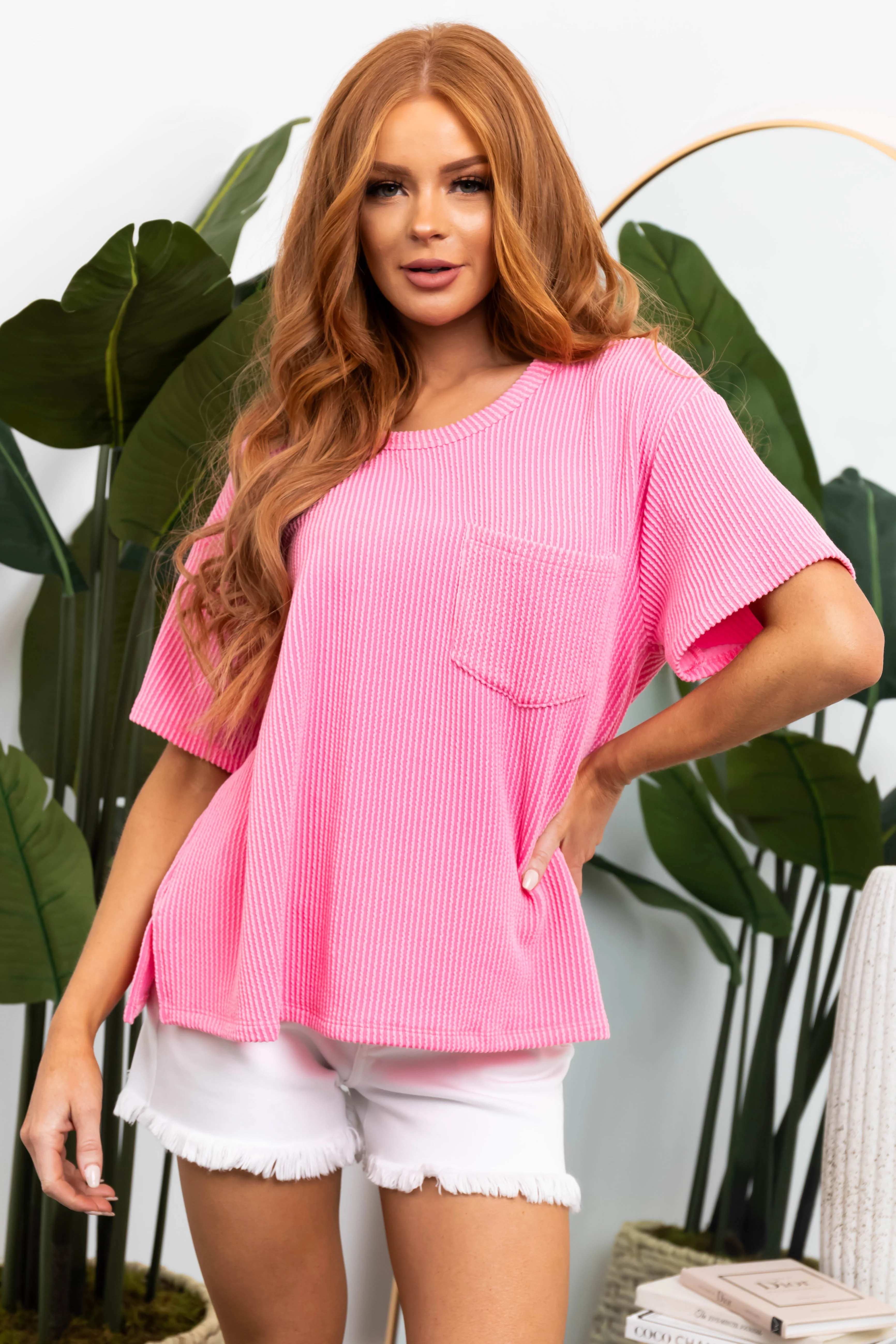 Bubblegum Chest Pocket Wavy Ribbed Knit Top - LD SALE