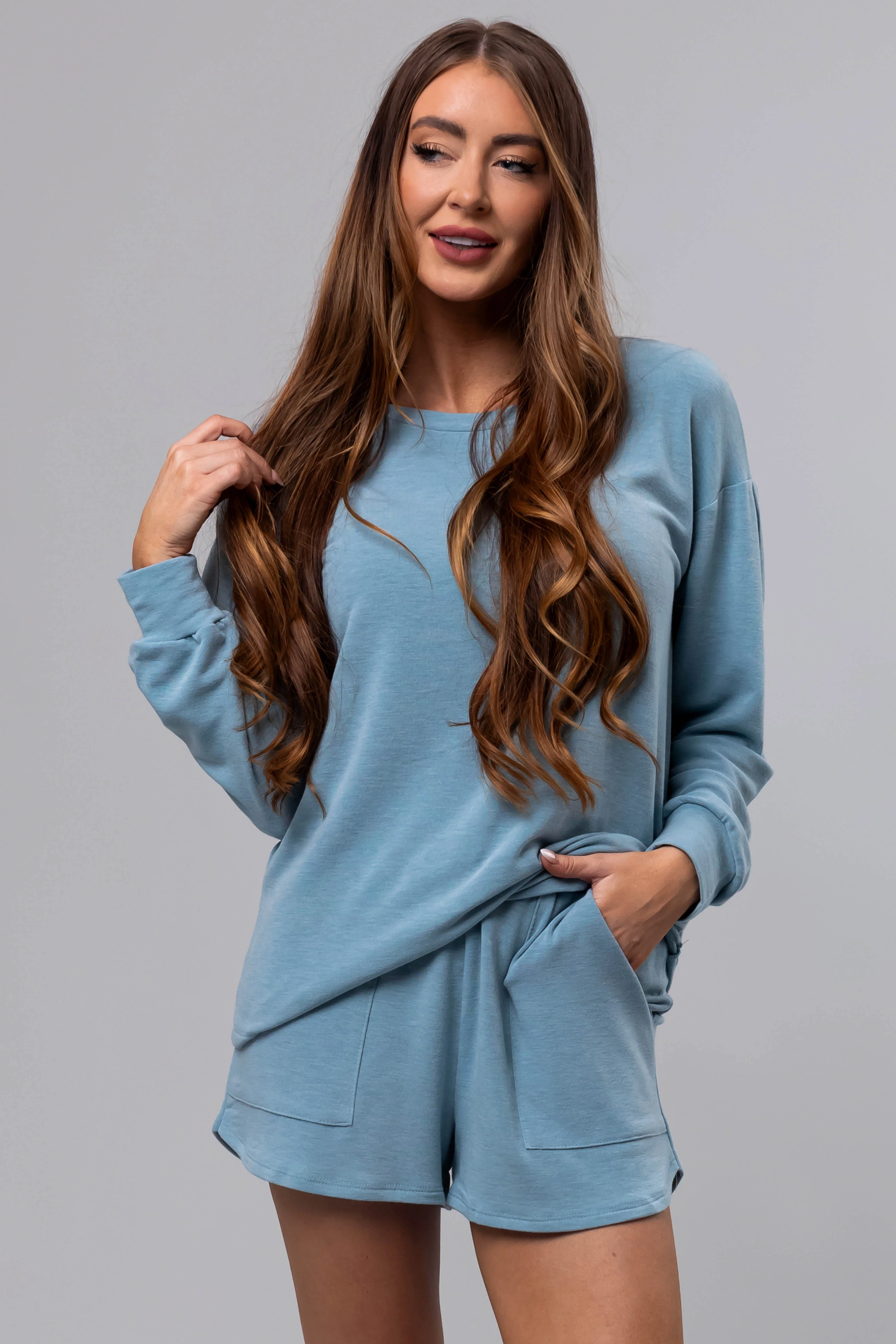 Heathered Blue Soft Knit Elastic Shorts - LD SALE