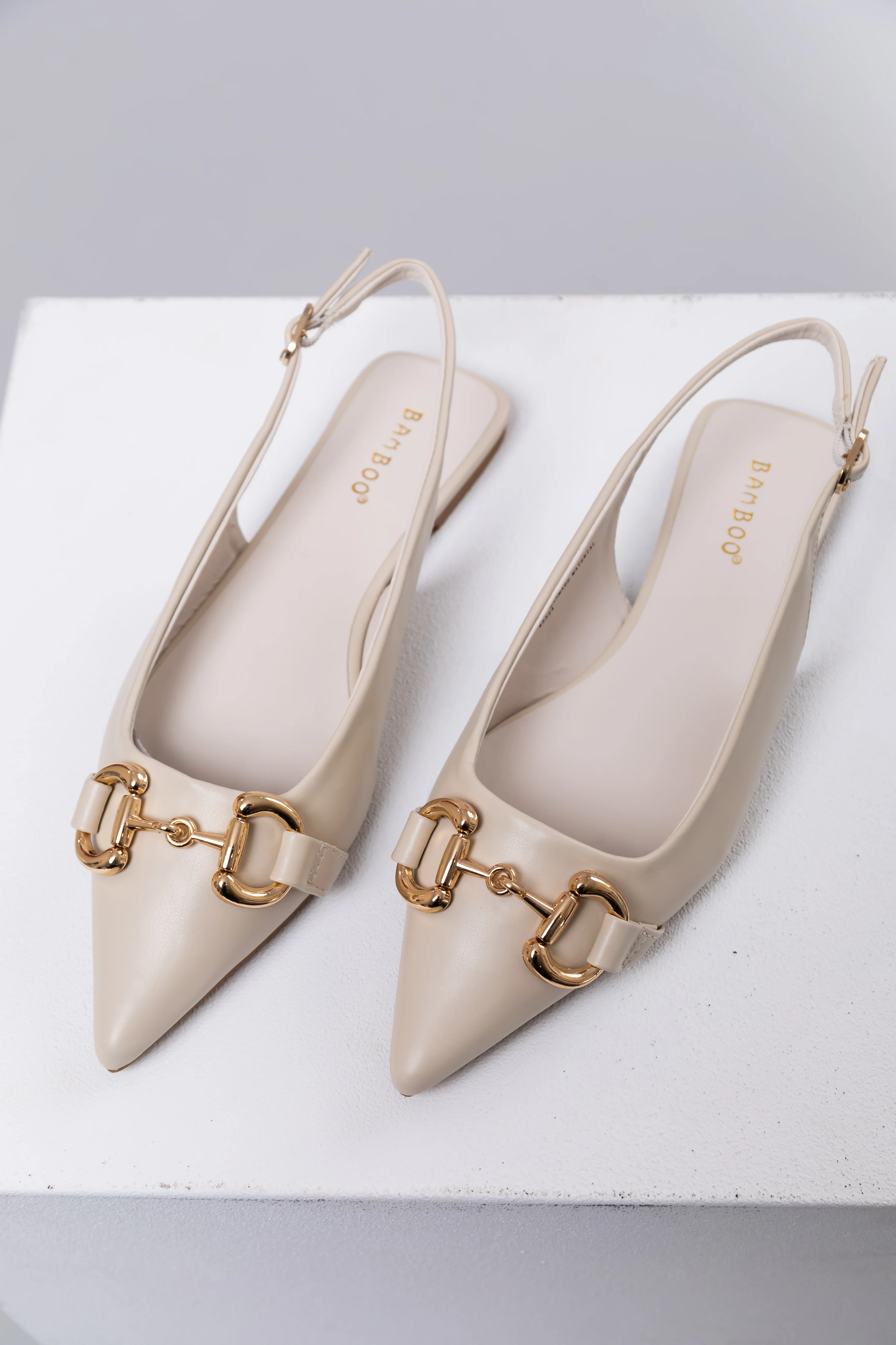 Ivory Pleather Pointed Toe Sling Back Flats - LD SALE