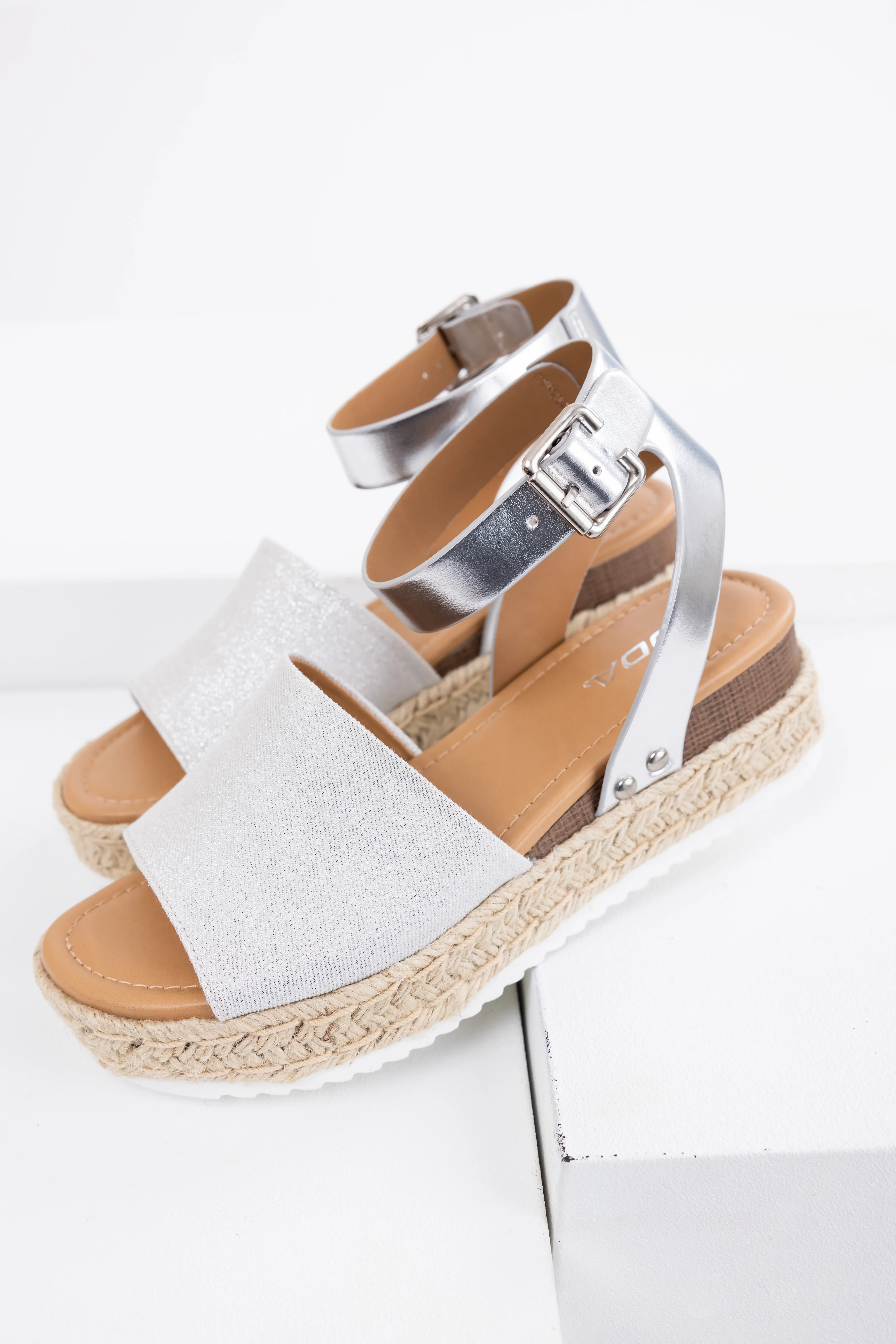 Silver Ankle Strap Espadrille Platform Sandals - LD SALE