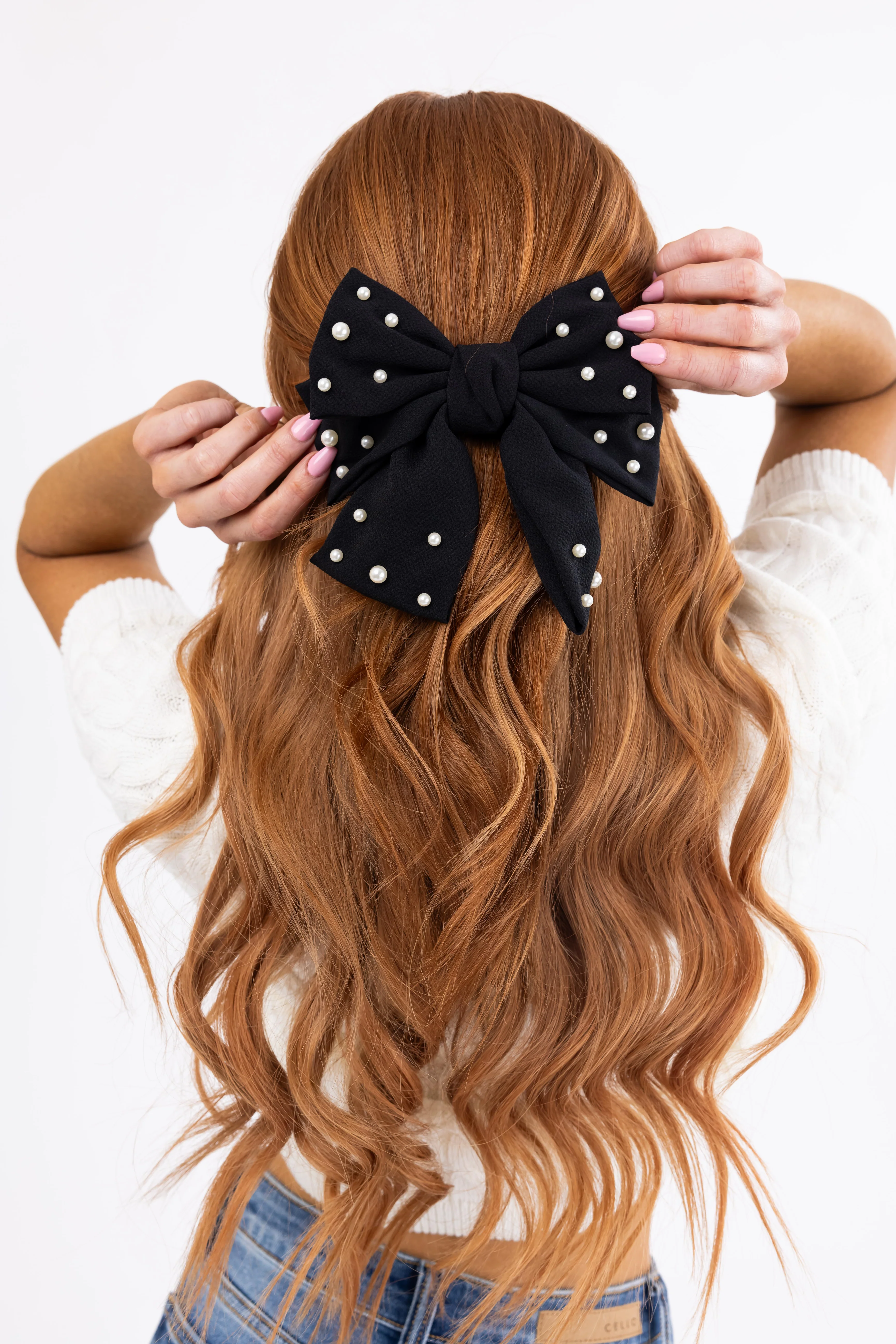 Black Pearl Detail Bow Hair Barrette - LD SALE