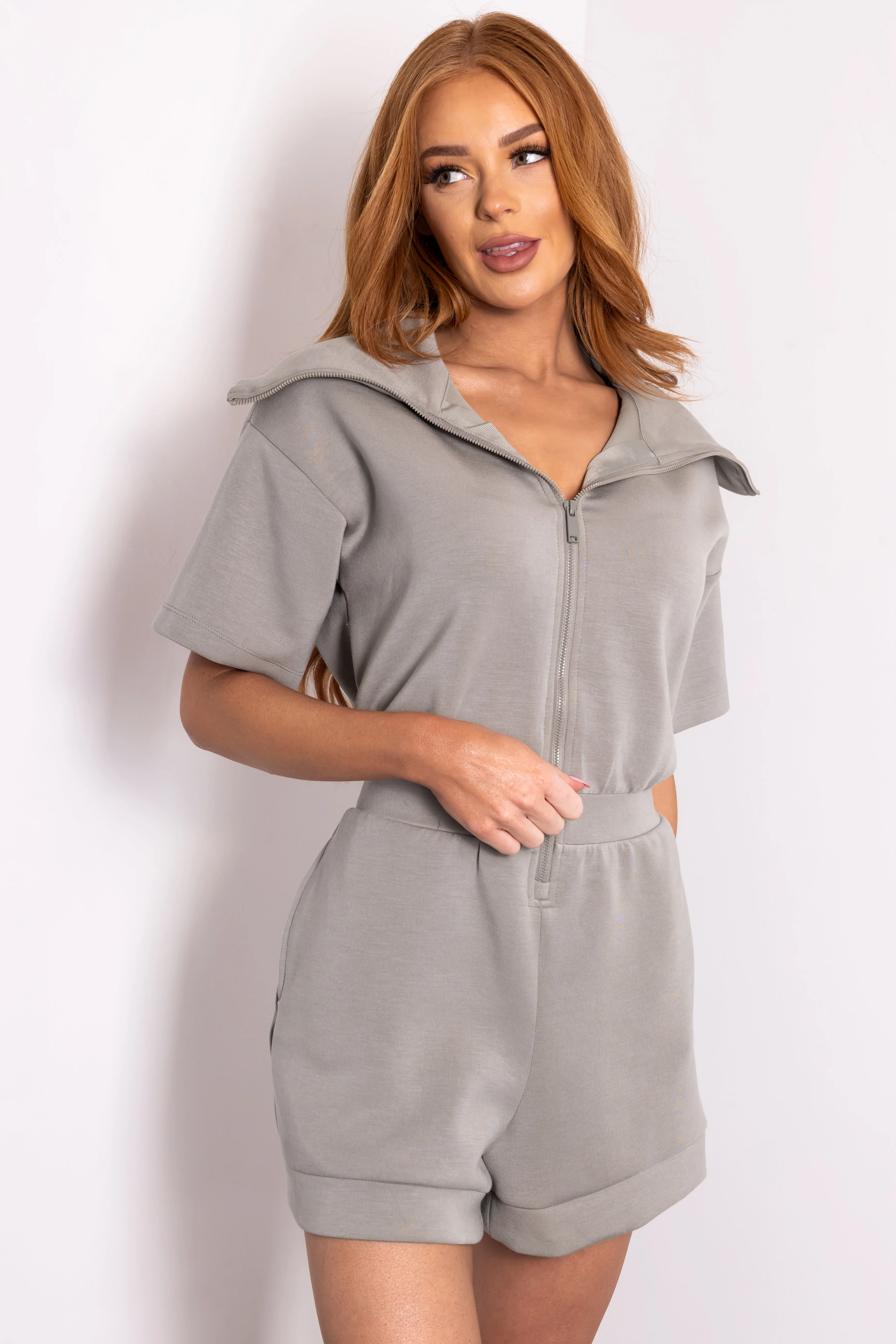 Dusty Sage Short Sleeve Zip Up Romper - LD SALE