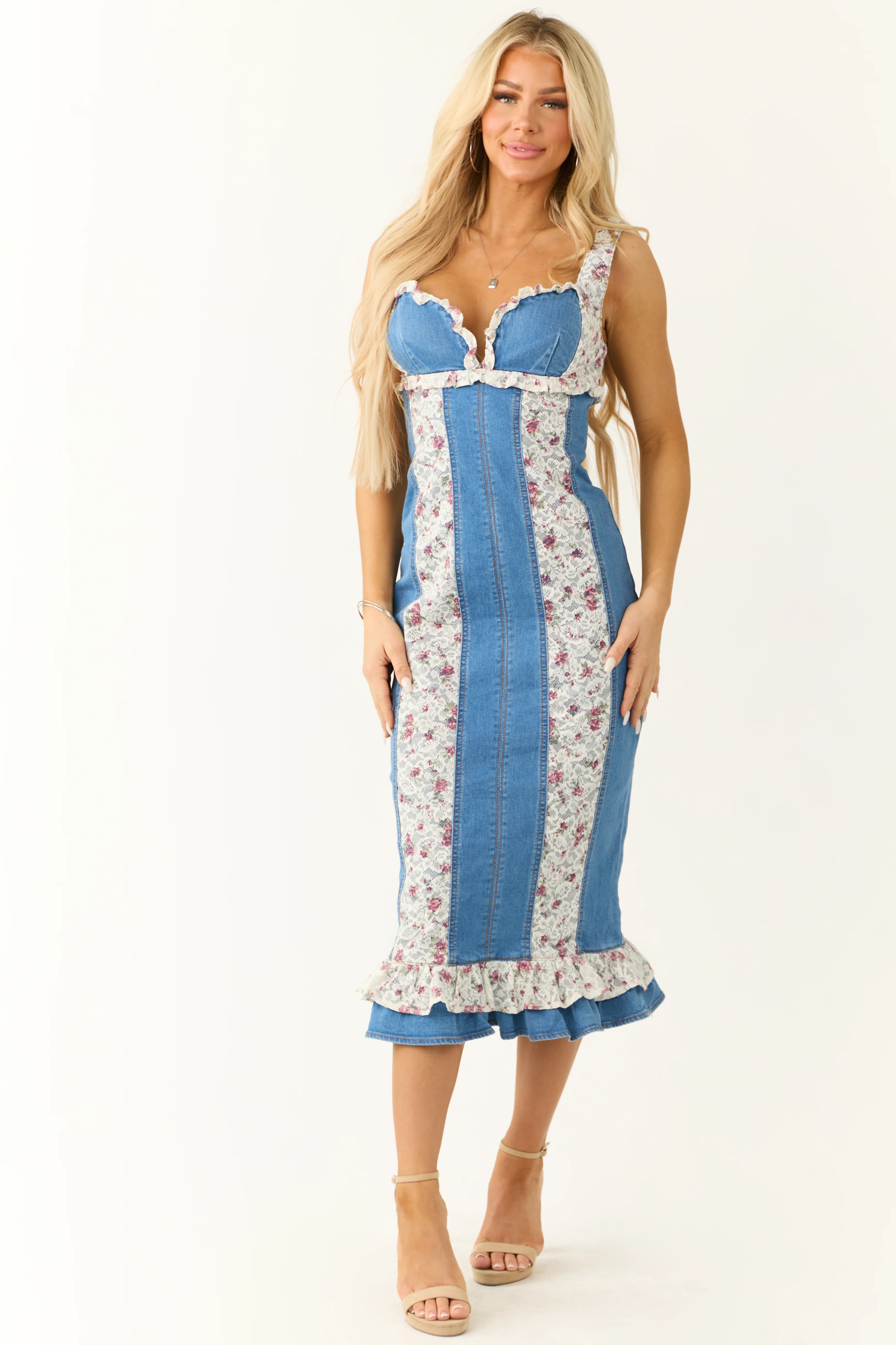 Medium Wash Denim Lace Ruffle Sweetheart Midi Dress - LD SALE