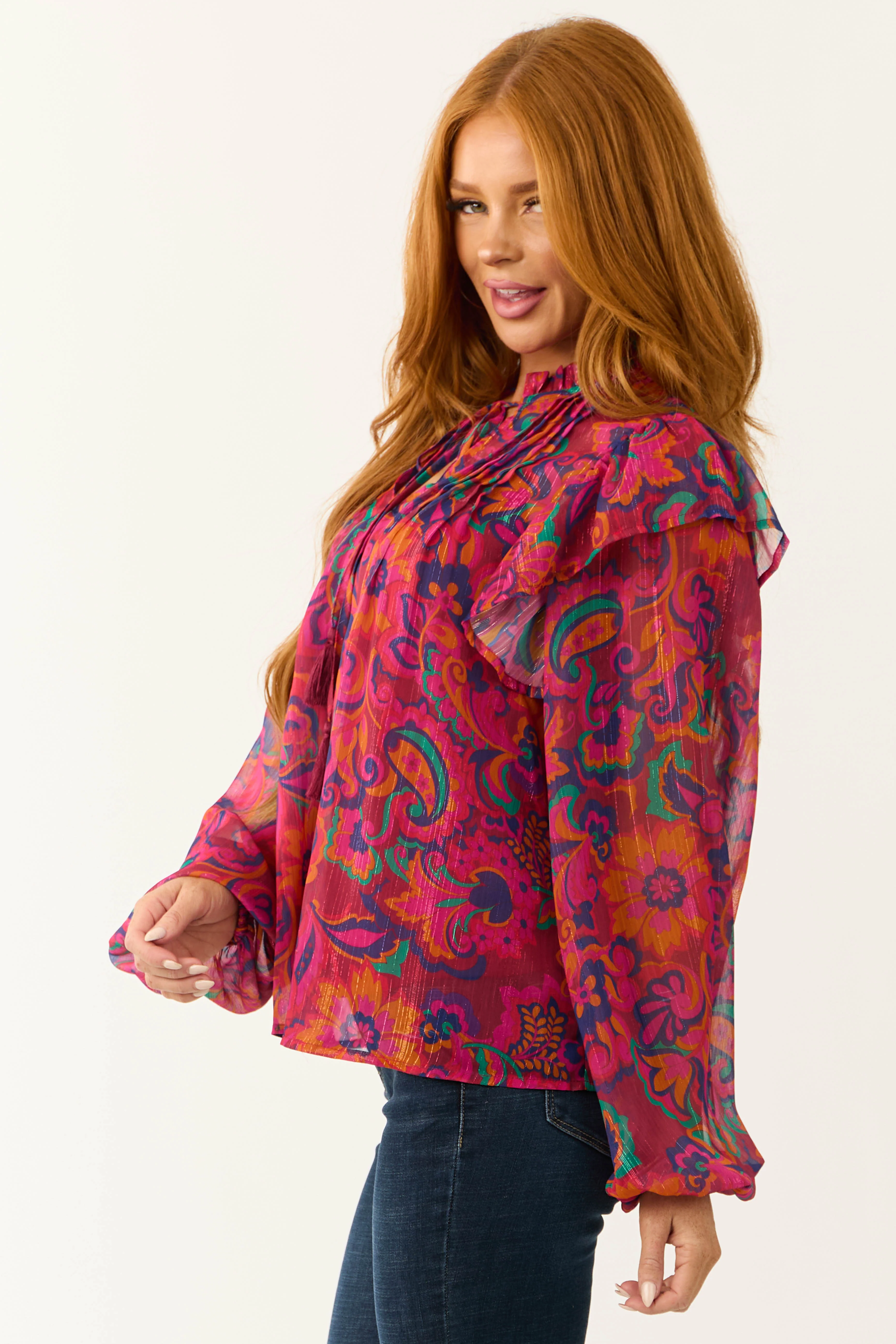Flying Tomato Magenta Floral Print Ruffle Blouse - LD SALE